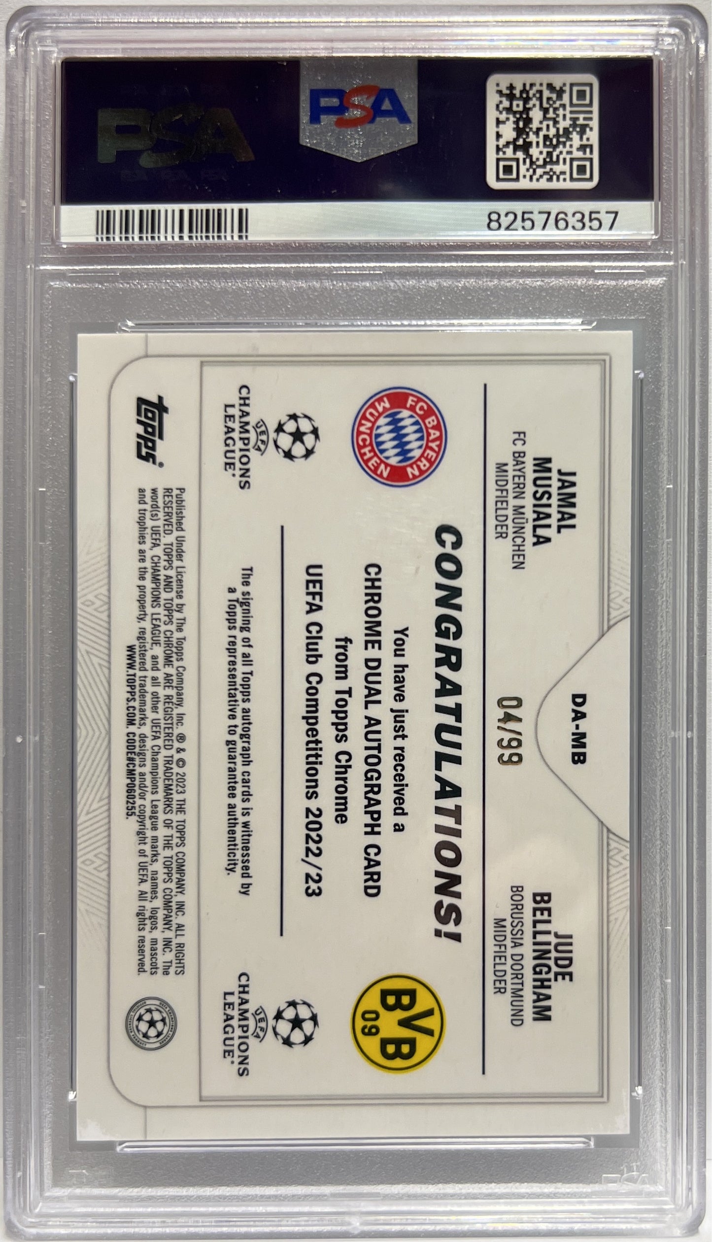 Jamal Musiala & Jude Bellingham Dual Autograph Topps Chrome UCC 2022/23 PSA 9