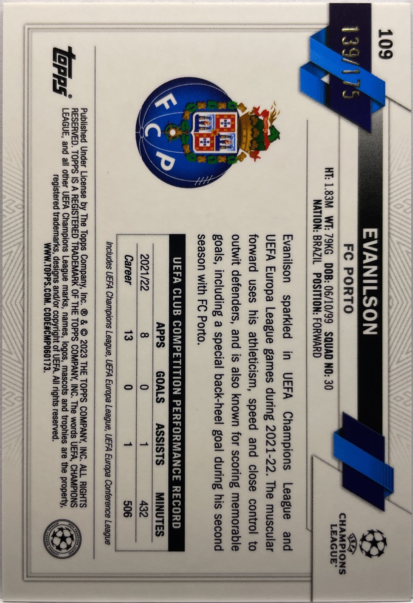 Evanilson 139/175 Pink Mini Diamond Topps Chrome UCC 2022/23