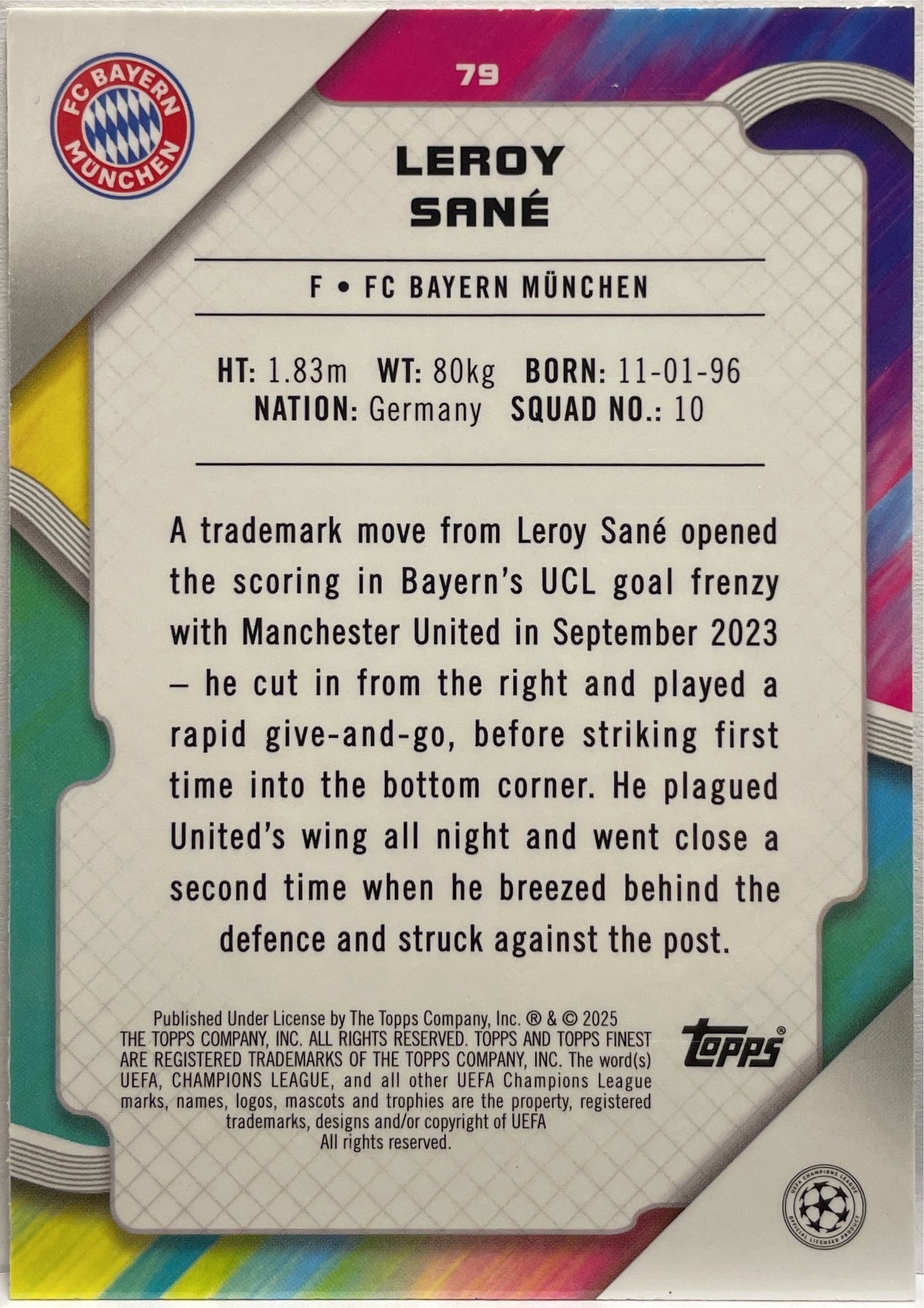 Leroy Sane 194/275 Sky Blue Topps Finest UCC 2024/25