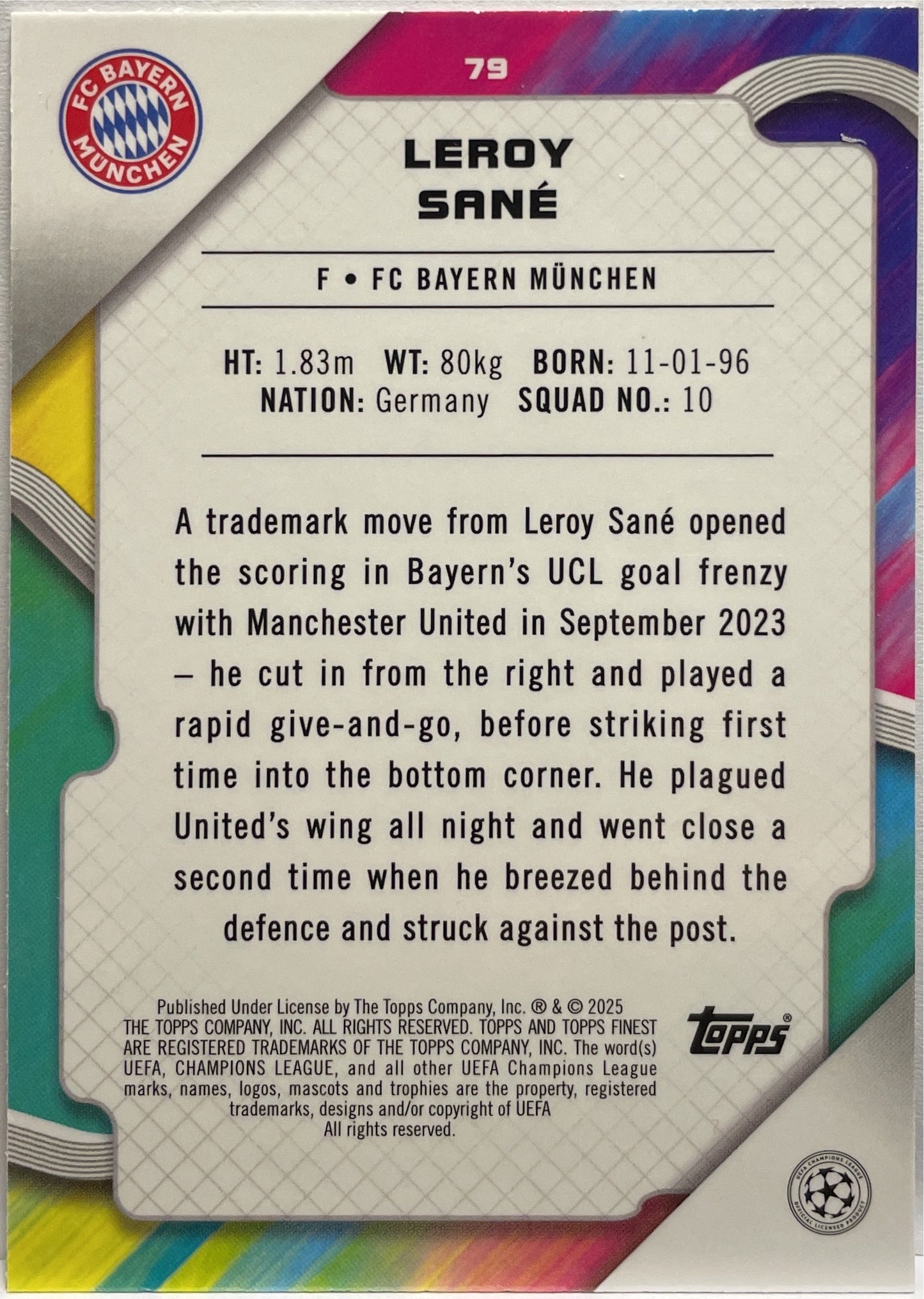 Leroy Sane 162/299 Purple Topps Finest UCC 2024/25