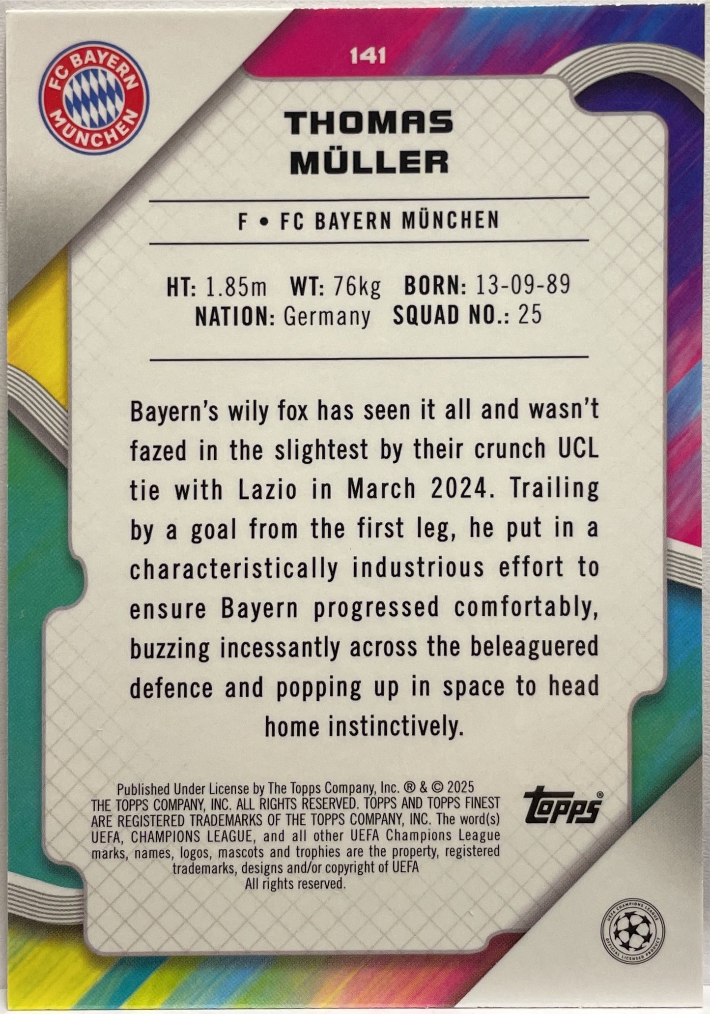 Thomas Muller 104/250 Pink RayWave Topps Finest UCC 2024/25