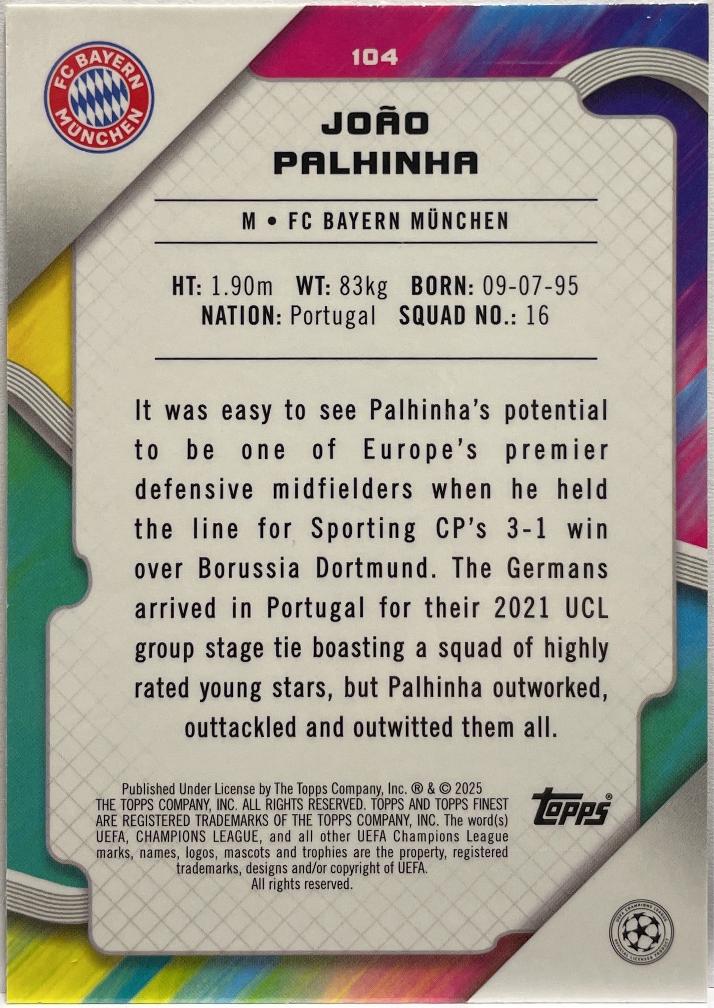 Joao Palhinha 87/299 Purple Topps Finest UCC 2024/25