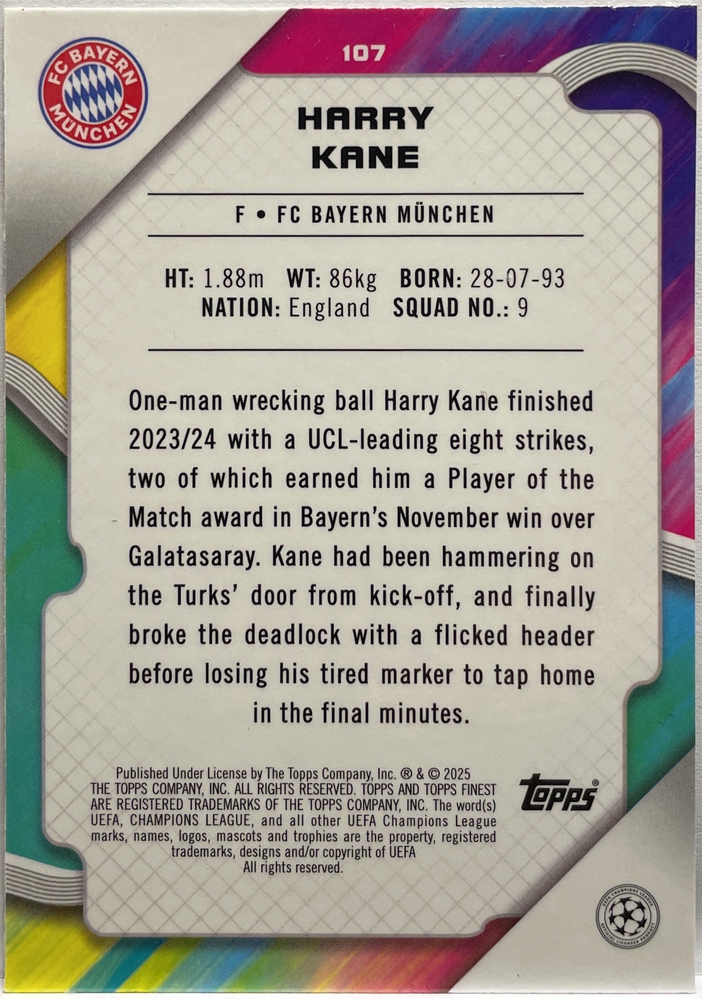 Harry Kane 64/99 Green Lava Topps Finest UCC 2024/25
