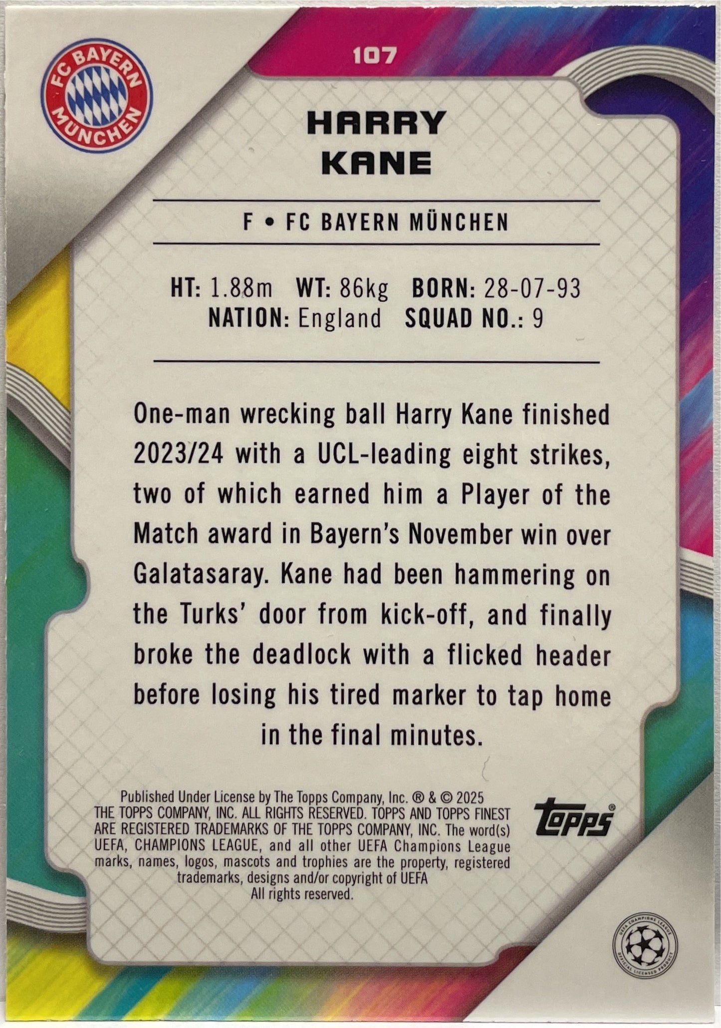 Harry Kane 118/299 Purple Topps Finest UCC 2024/25