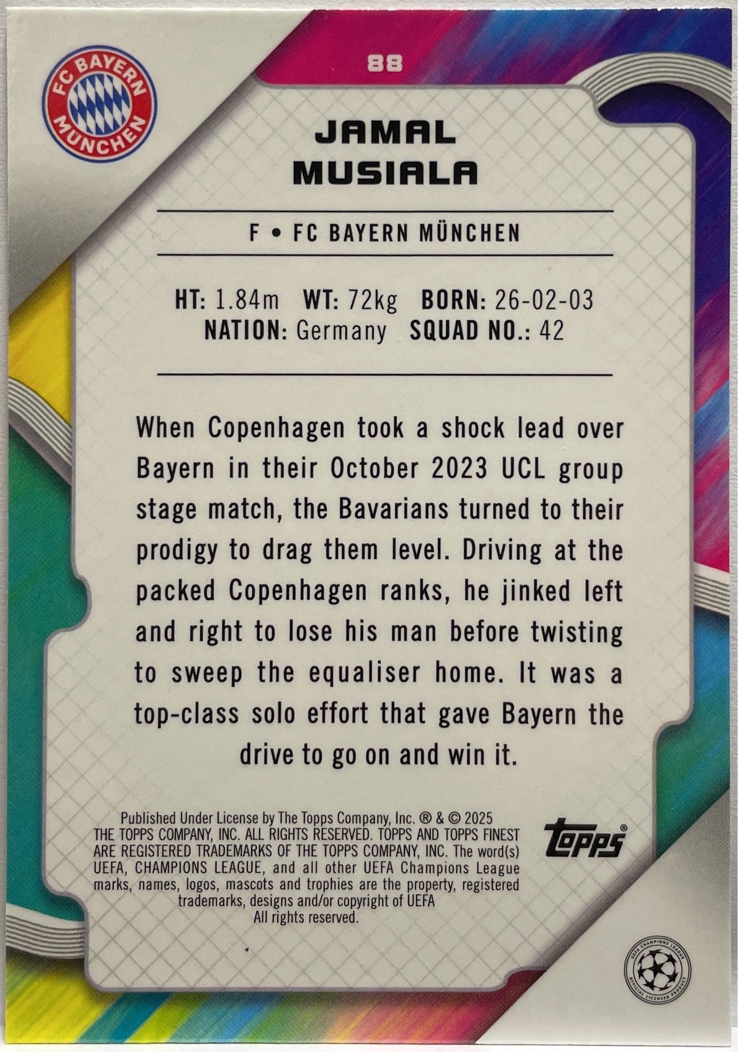 Jamal Musiala 142/250 Pink RayWave Topps Finest UCC 2024/25