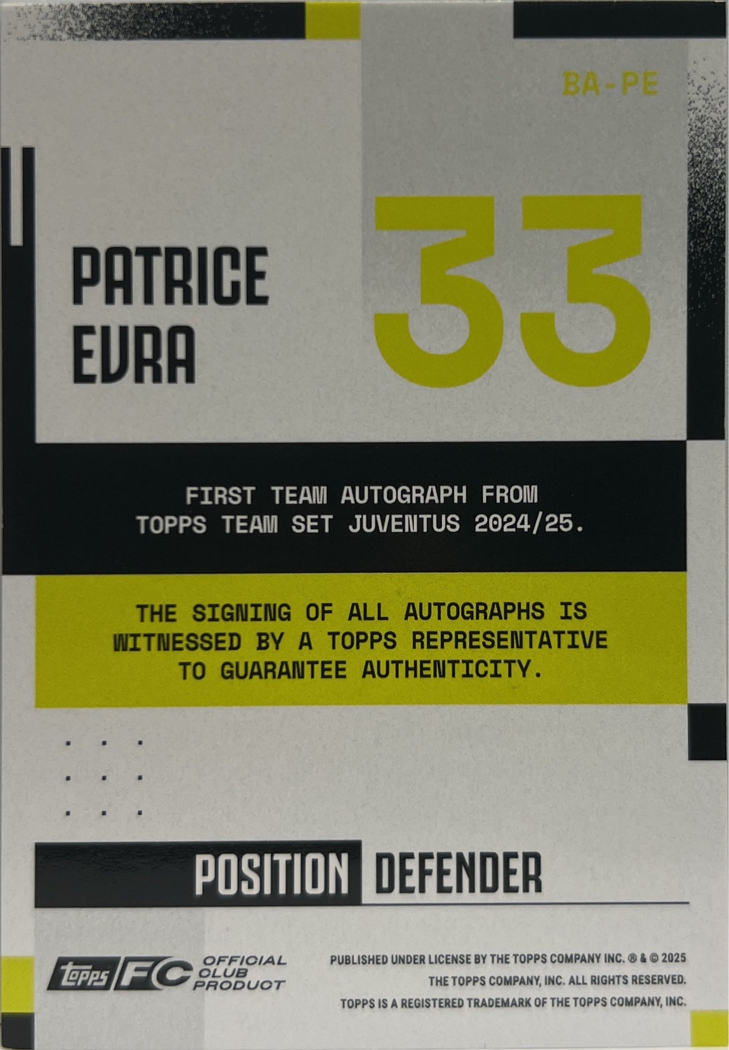 Patrice Evra 85/250 Autograph Topps Juventus Premium Team Set 2024/25