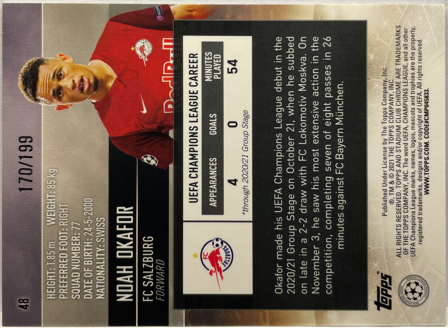 Noah Okafor 170/199 Rookie Topps Stadium Chrome 2020/21