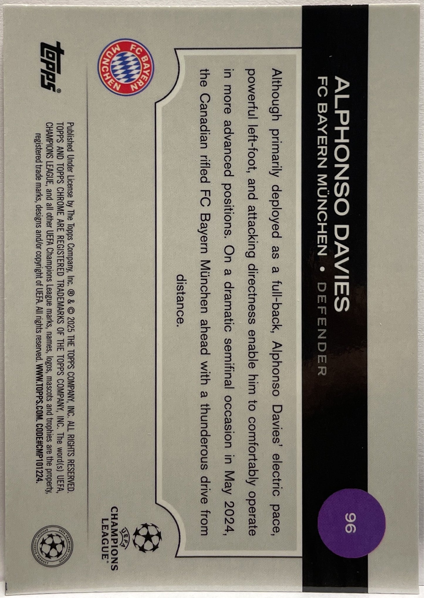 Alphonso Davies 170/250 Pink Topps Chrome UCC 2024/25