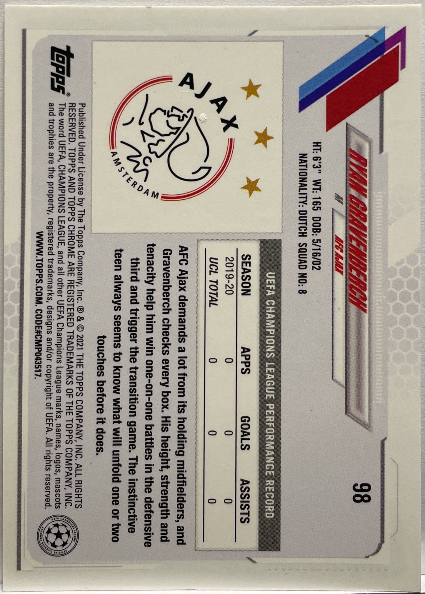 Ryan Gravenberch Rookie Refractor Topps Chrome UCL 2020/21