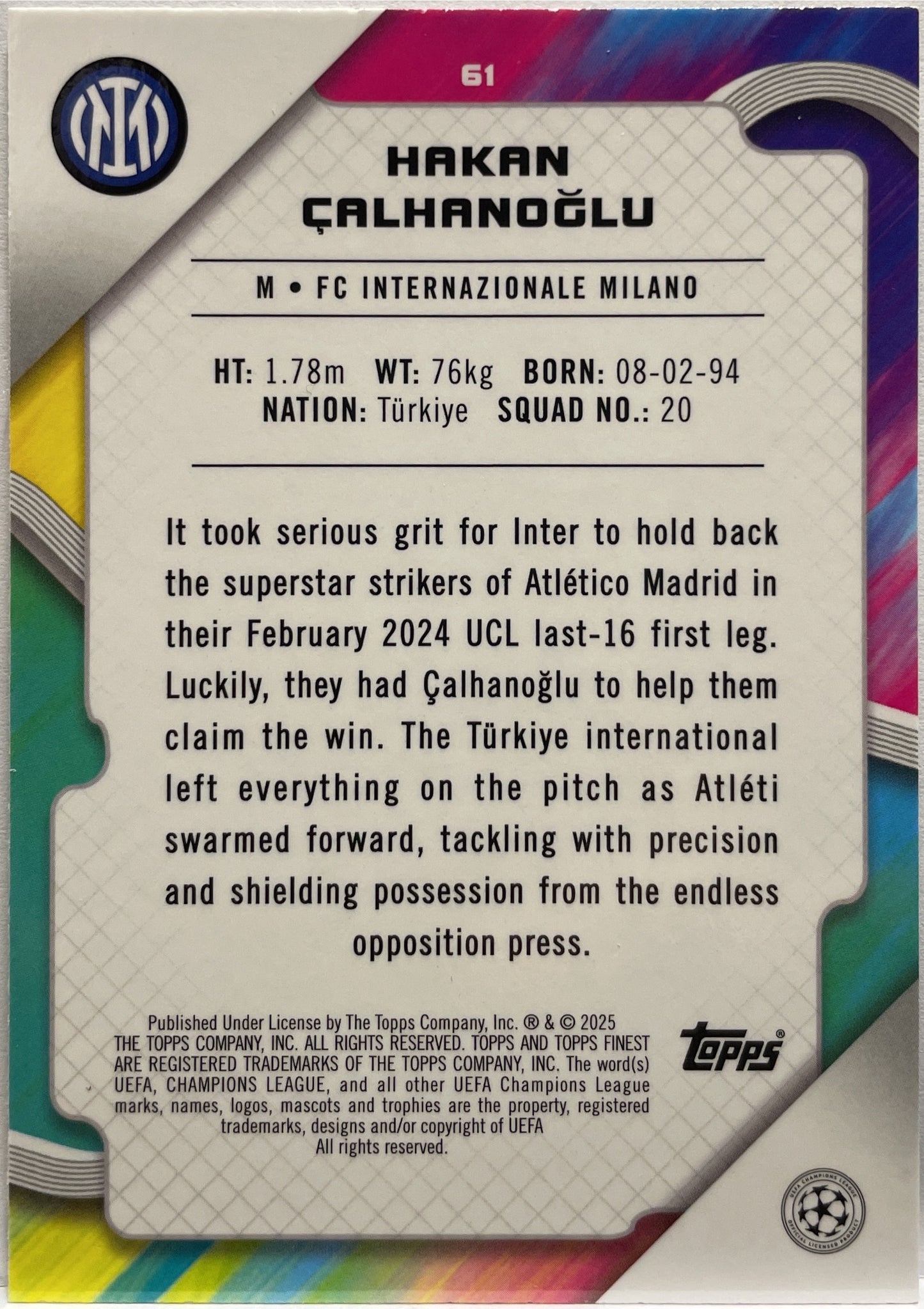 Hakan Calhanoglu 245/275 Sky Blue Topps Finest UCC 2024/25