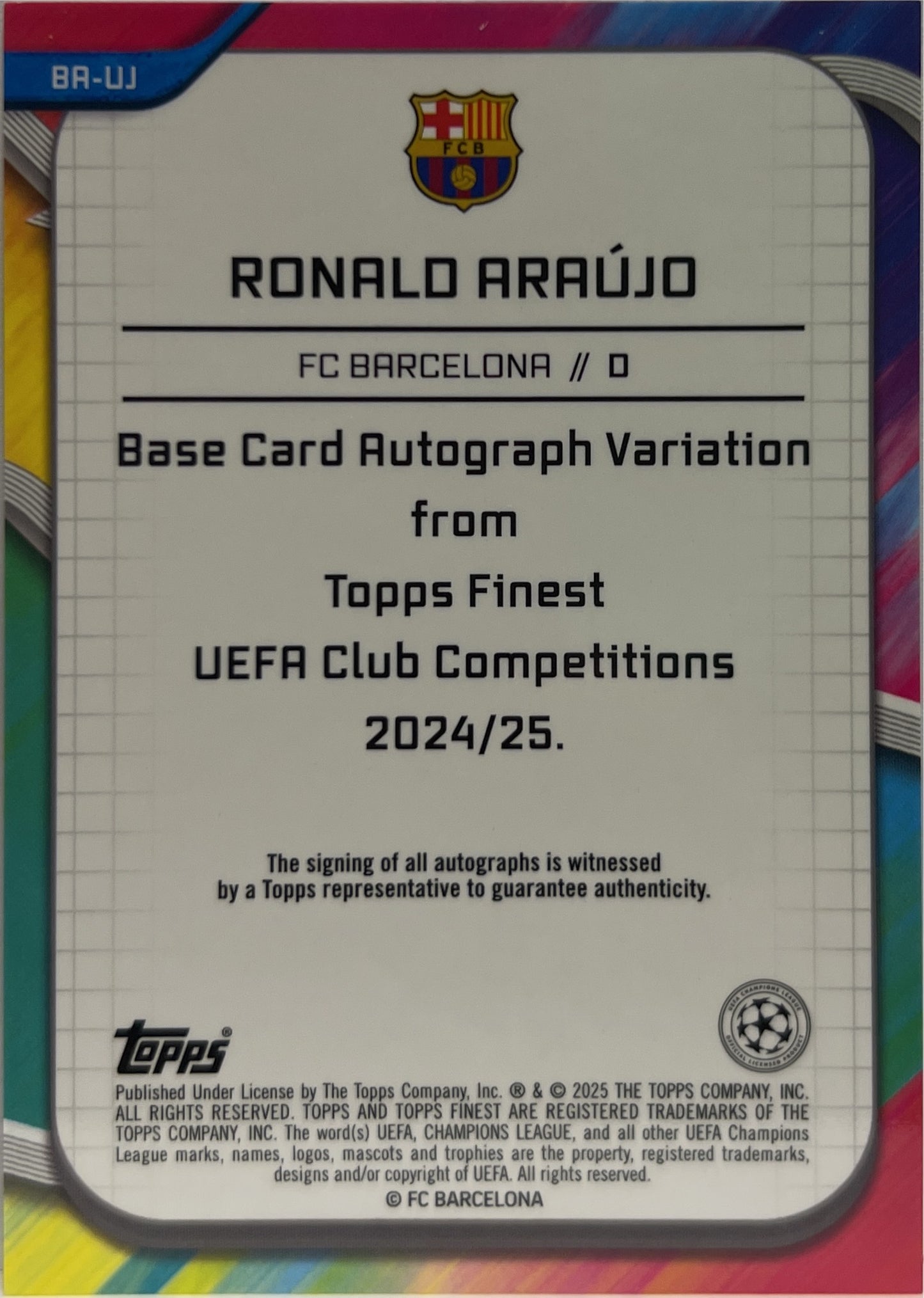 Ronald Araujo 14/125 Autograph Pink Prism Topps Finest UCC 2024/25