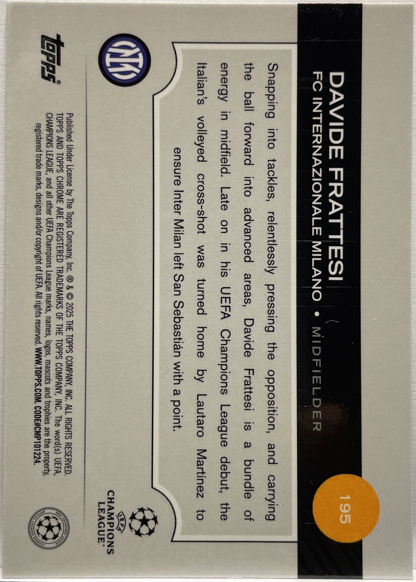 Davide Frattesi 123/175 Pink RayWave Topps Chrome UCC 2024/25