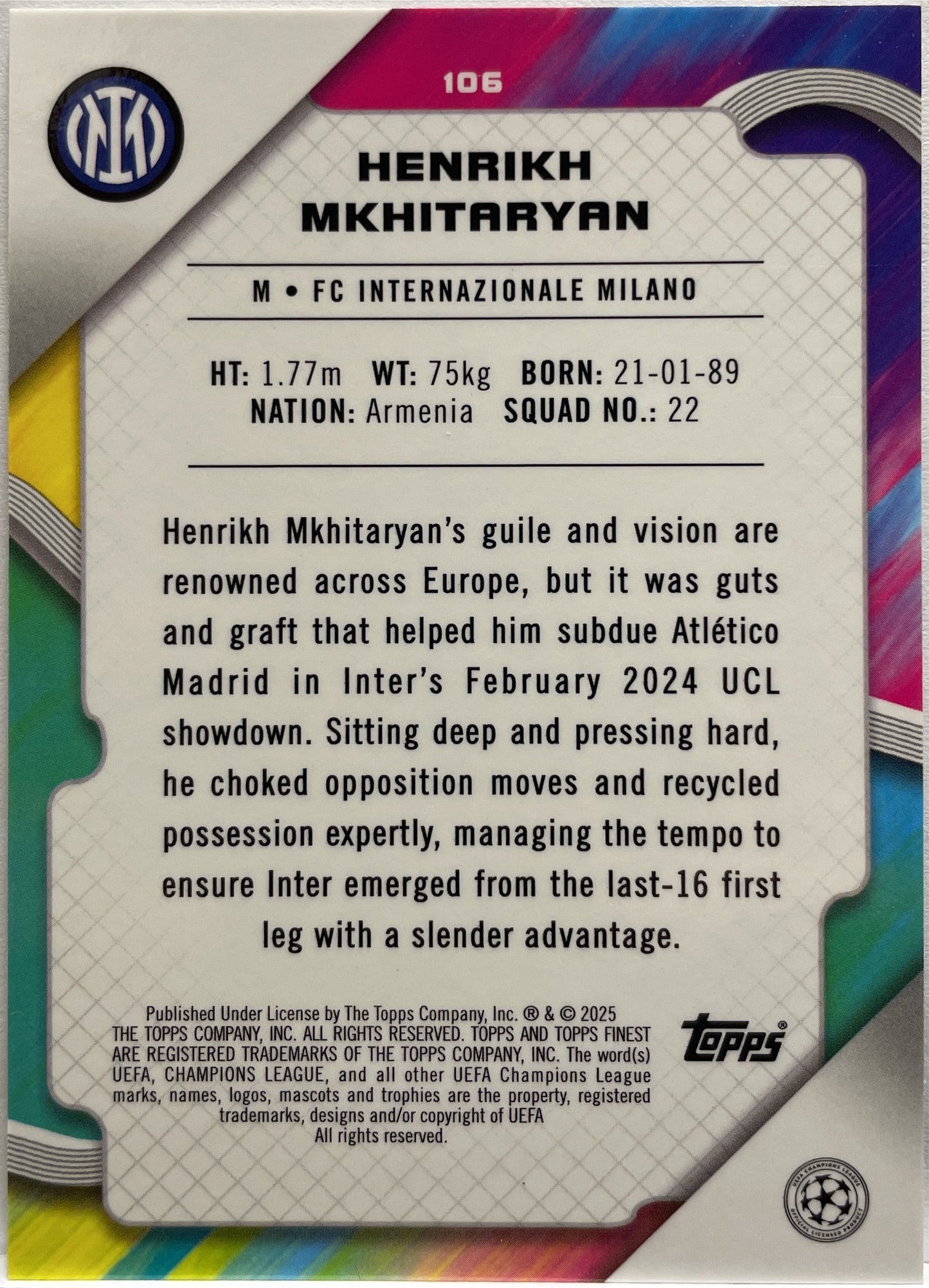 Henrikh Mkhitaryan 69/199 Purple Lava Topps Finest UCC 2024/25