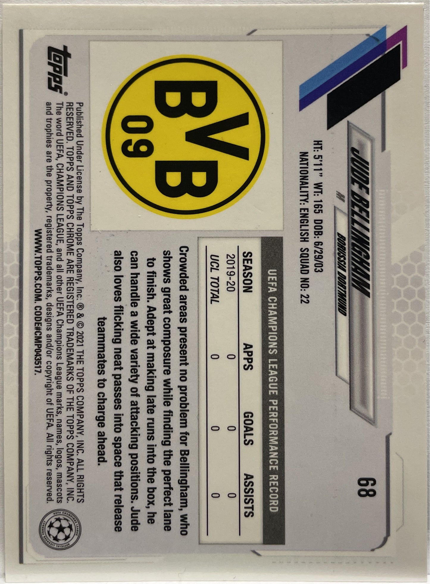 Jude Bellingham Rookie Image Variation Topps Chrome UCL 2020/21