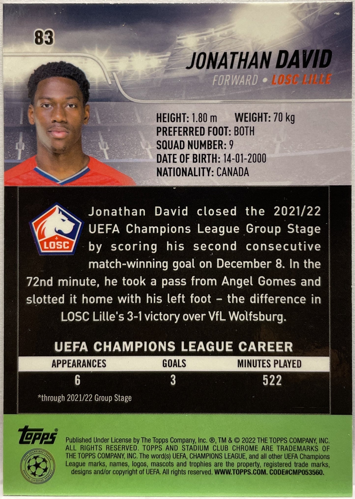 Jonathan David Rookie Stadium Chrome 2021/22