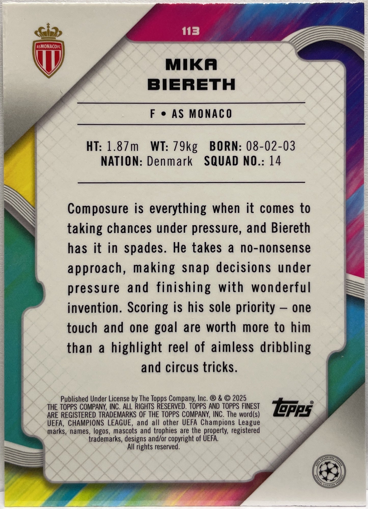 Mika Biereth 4/275 Rookie Sky Blue Topps Finest UCC 2024/25