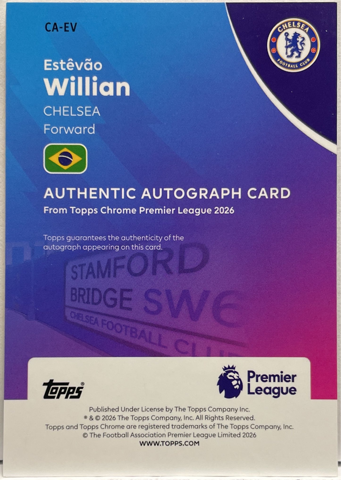 Estevao Willian 8/25 Rookie Autograph Orange Topps Chrome Premier League EPL 2026