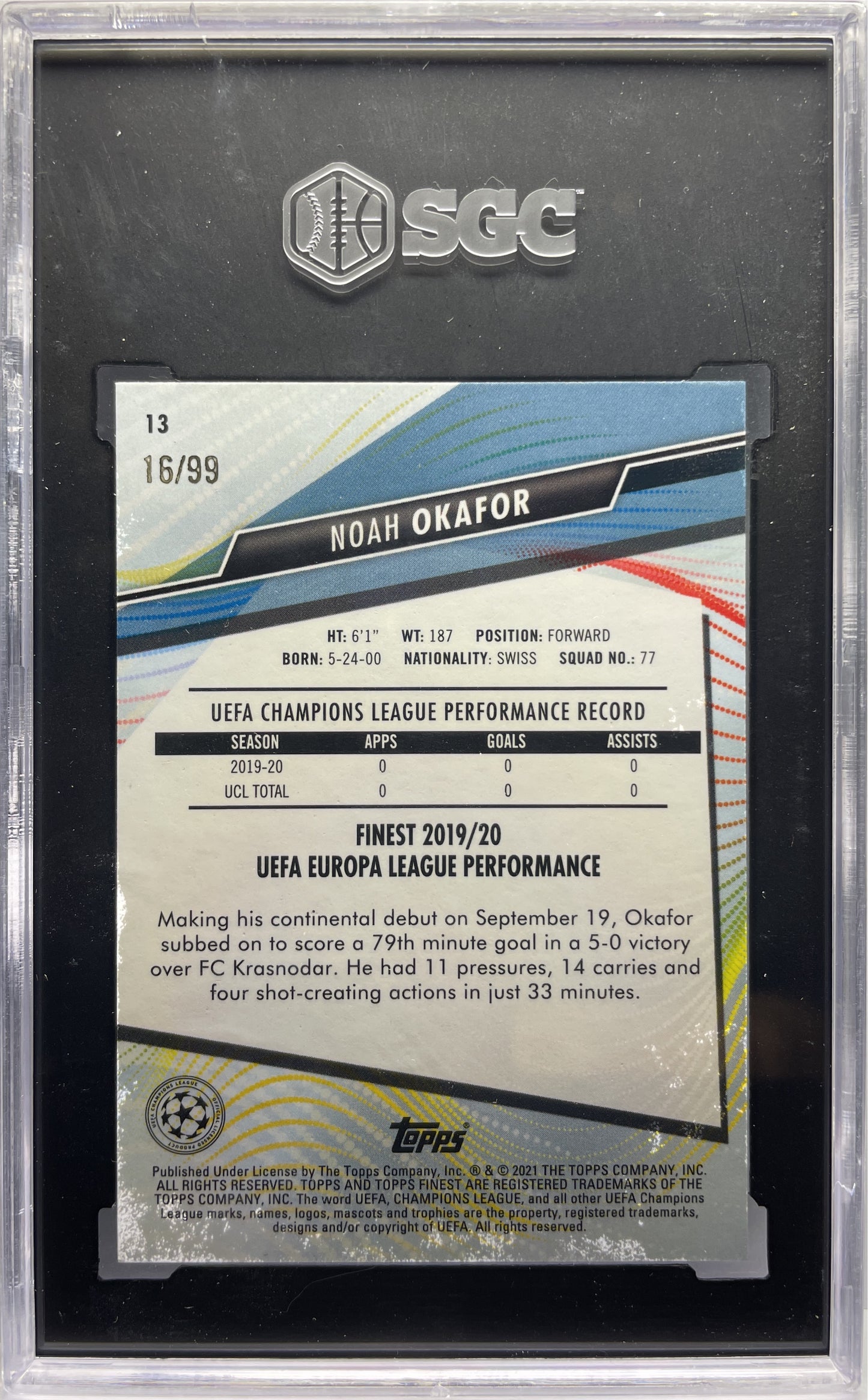 SGC 9.5 - Noah Okafor 16/99 Rookie Neon Green - Topps Finest UCC 2020/21
