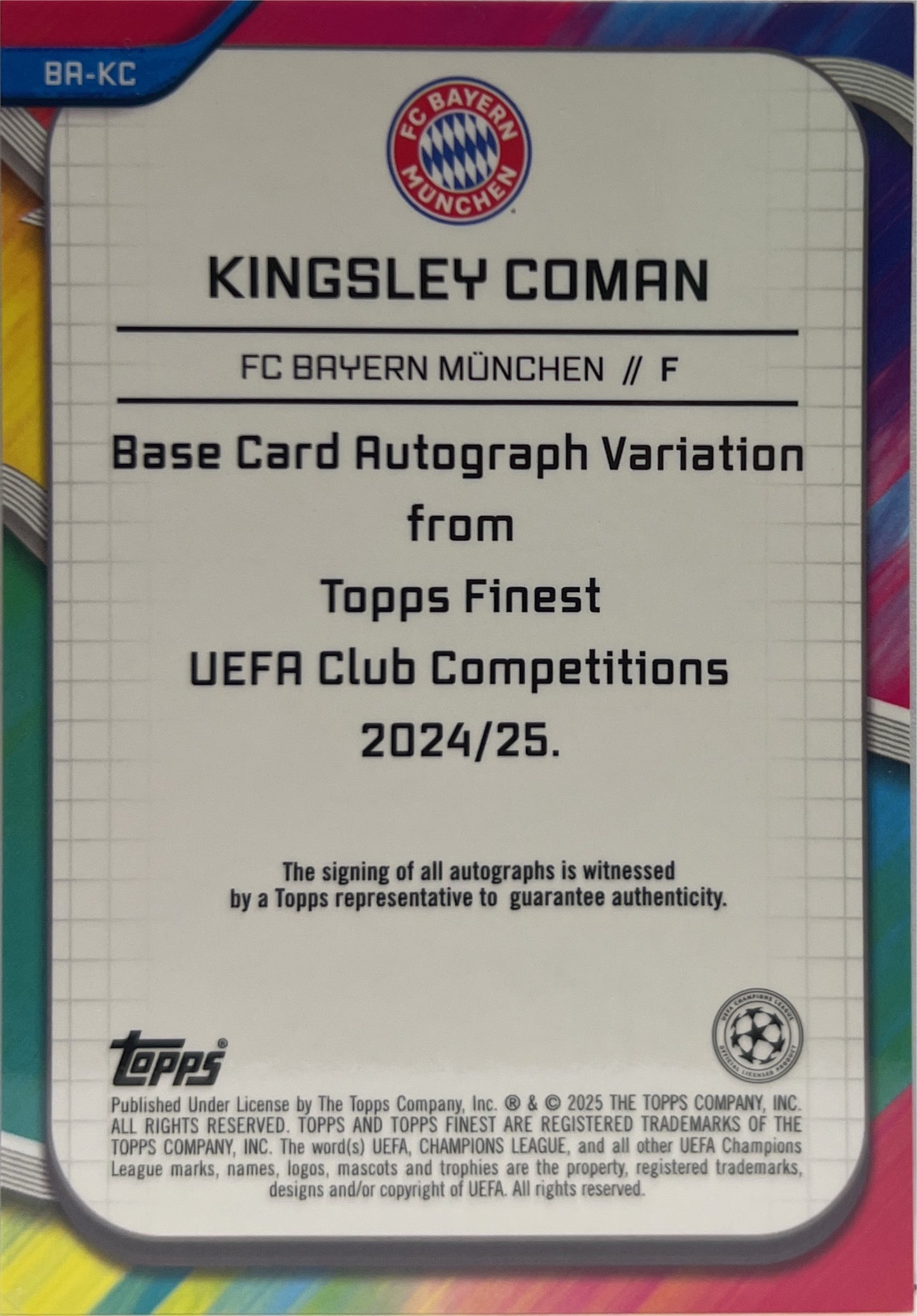 Kingsley Coman 165/199 Autograph Purple Shimmer Topps Finest UCC 2024/25