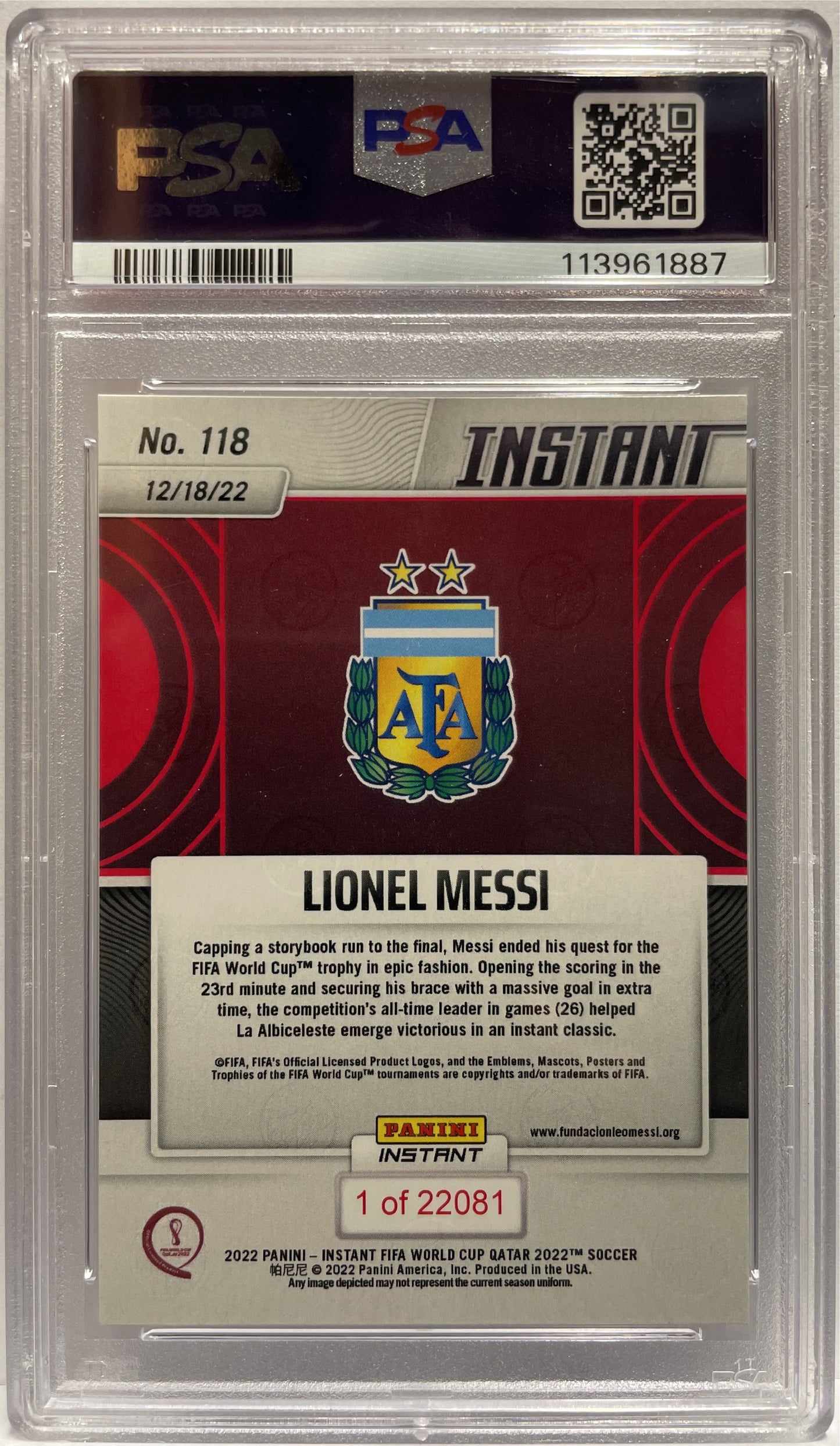 Lionel Messi Fifa World Cup Qatar Panini Instant 2022 PSA 10 Auto 10