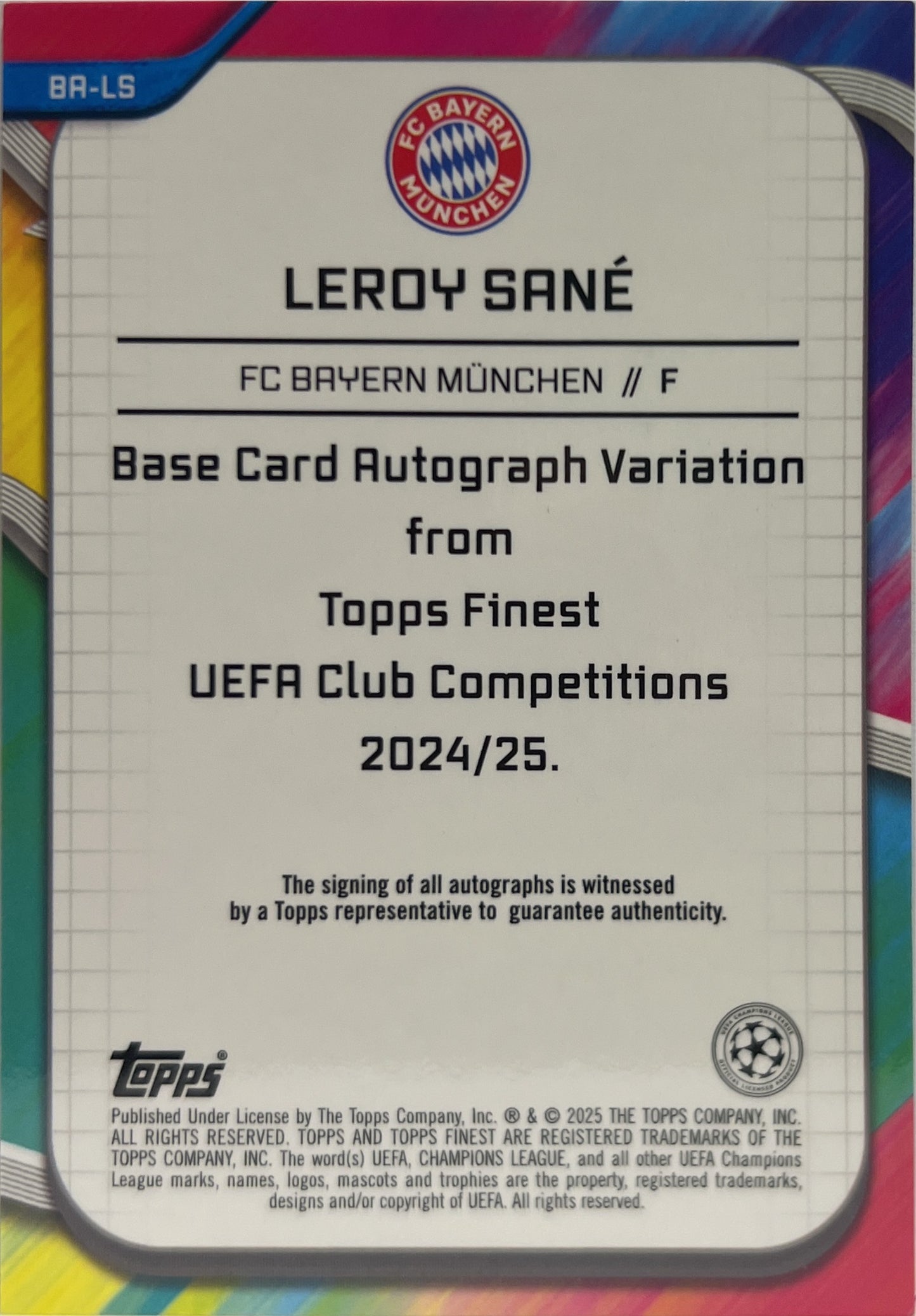 Leroy Sane 65/99 Autograph Neon Green Topps Finest UCC 2024/25