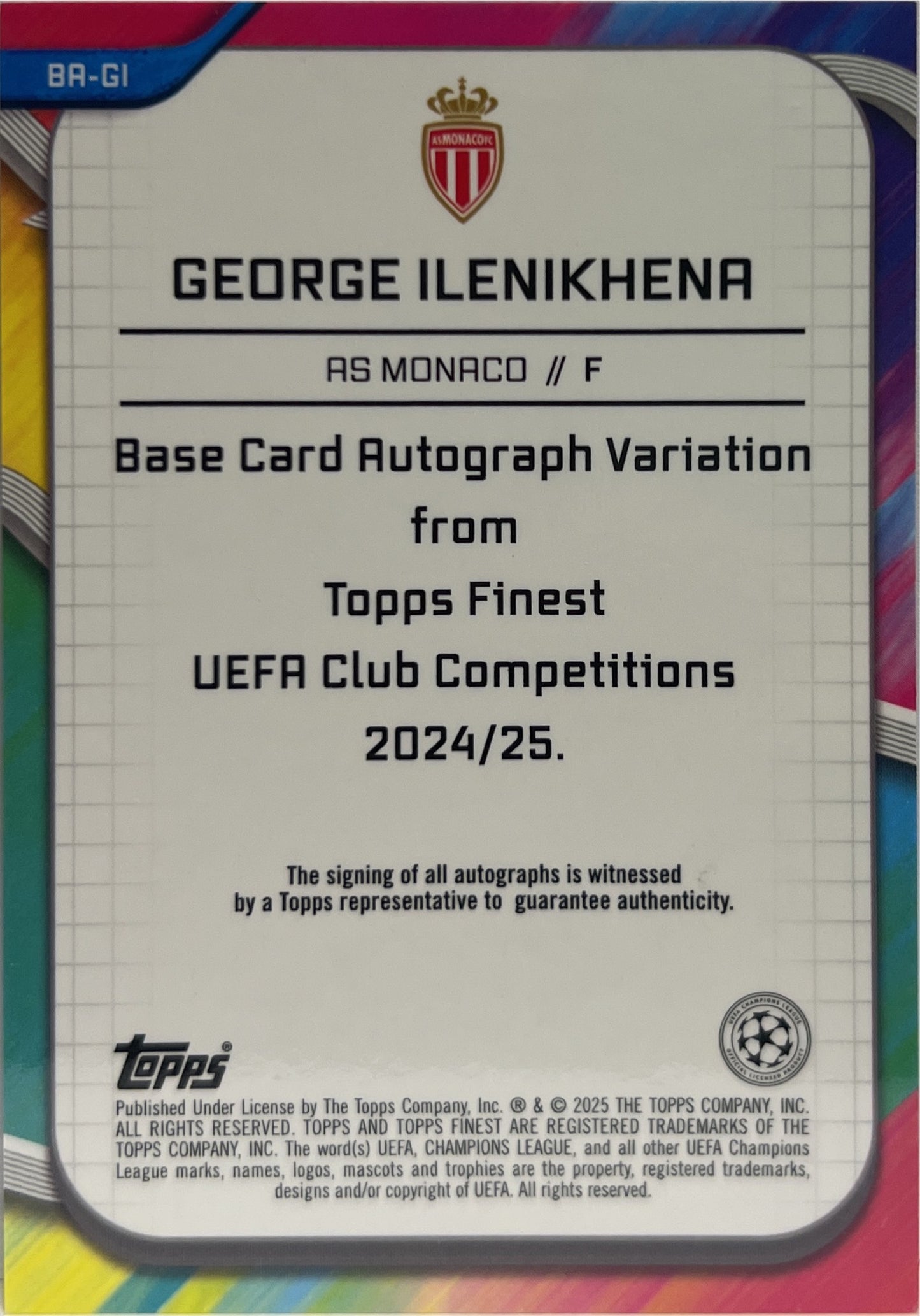 George Ilenikhena 289/299 Rookie Autograph Purple Topps Finest UCC 2024/25