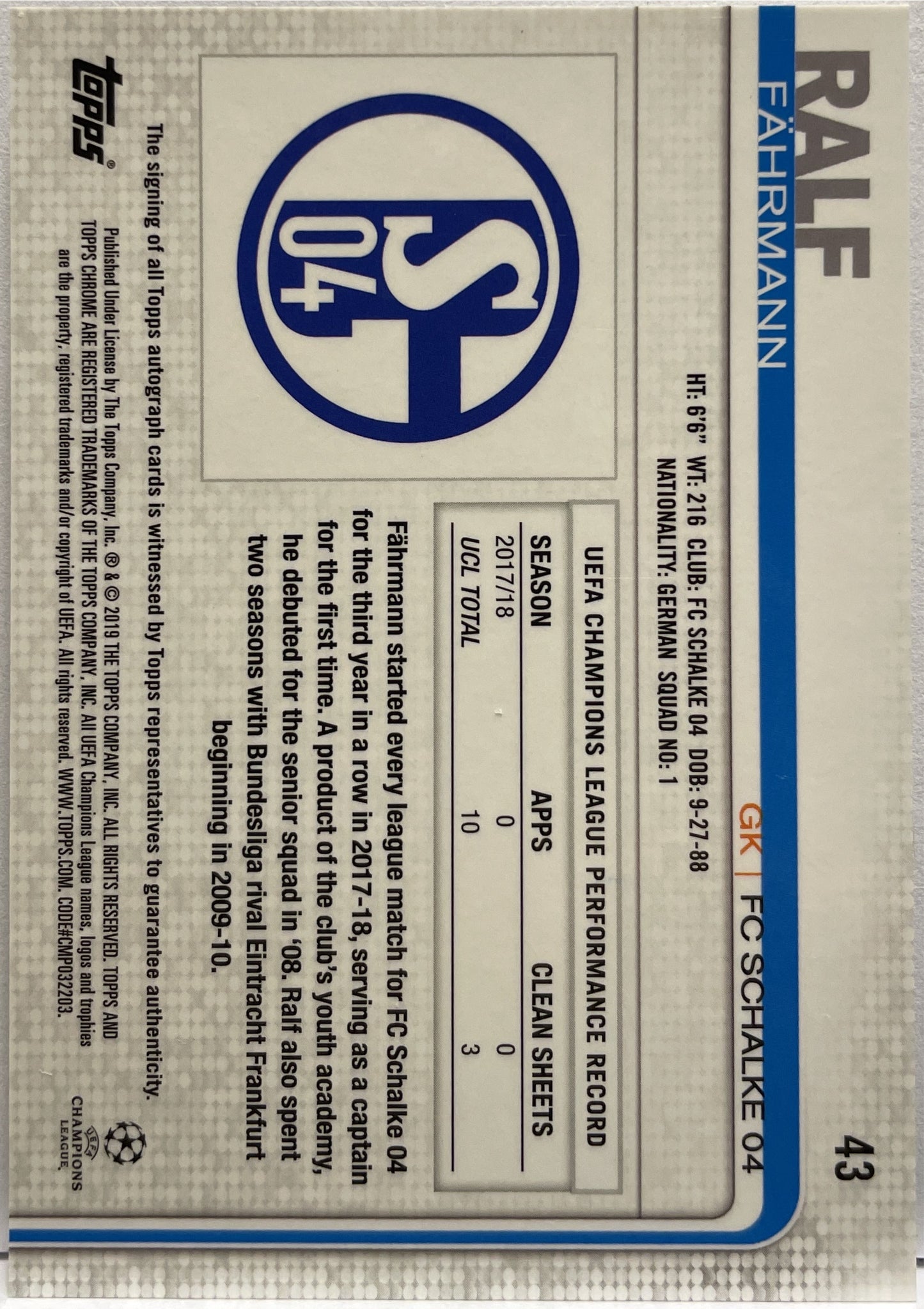 Ralf Fahrmann Autograph Topps Chrome UCL 2018/19