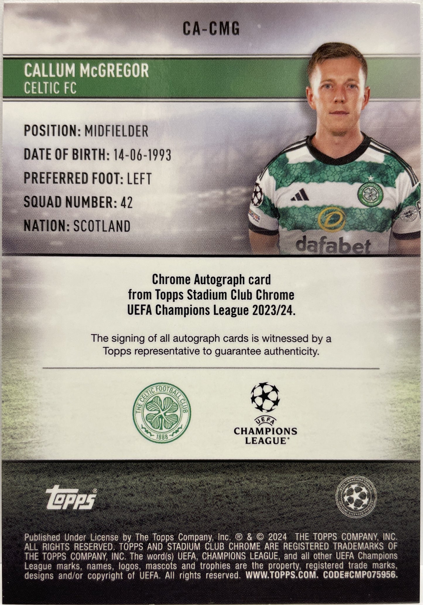 Callum McGregor Autograph Topps Chrome Stadium Club 2023/24