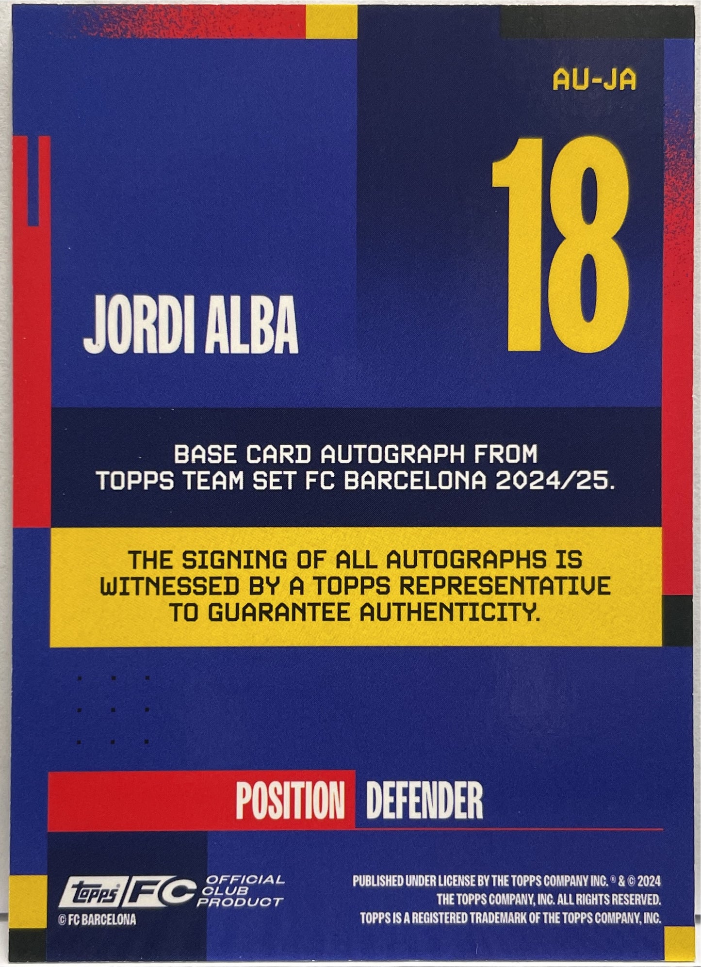 Jordi Alba 1/1 Autograph Topps Topps FC Barcelona Team Set 2024/25