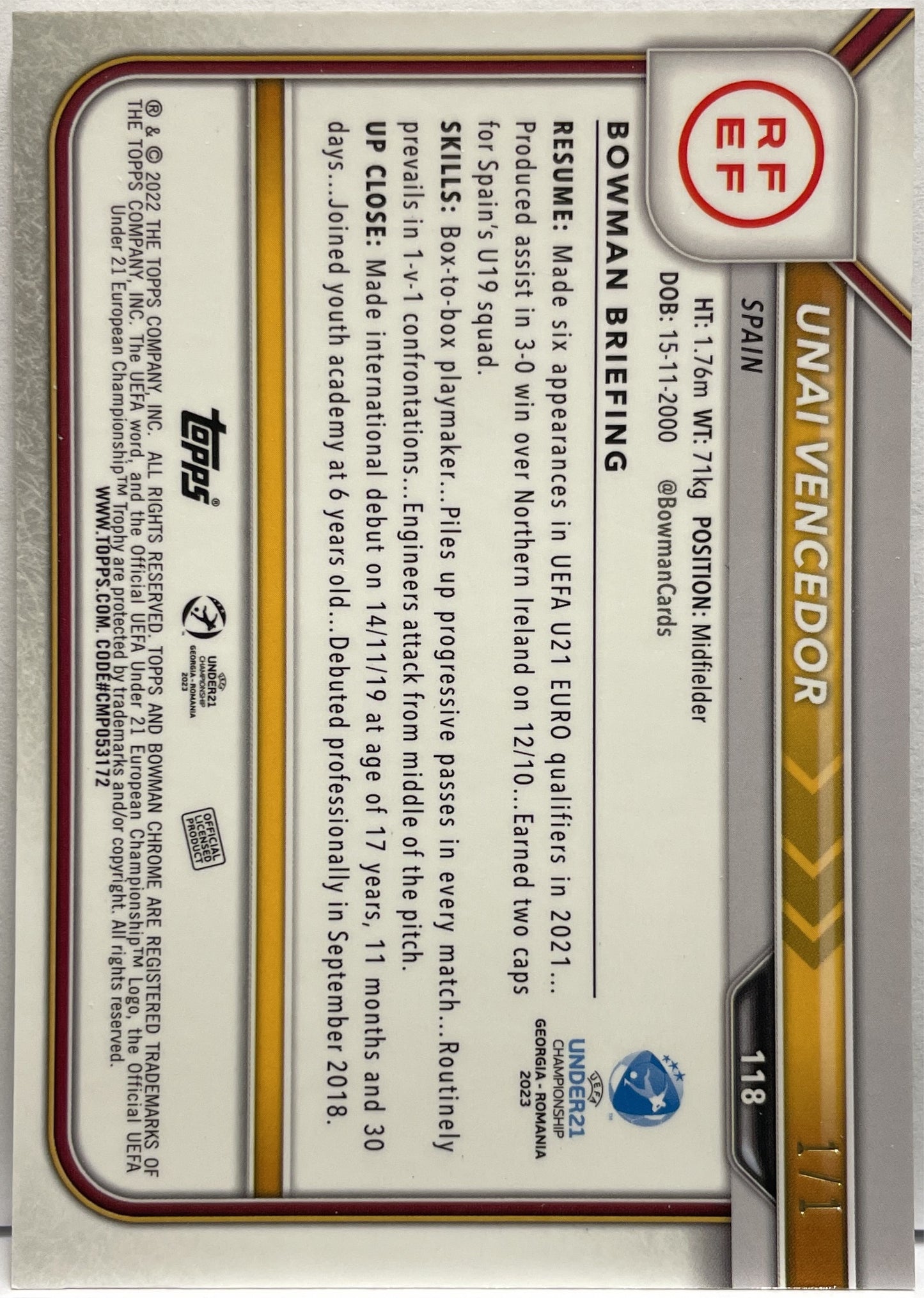 Unai Vencedor 1/1 Superfractor Topps Chrome Bowman Uefa Euro U21 2023