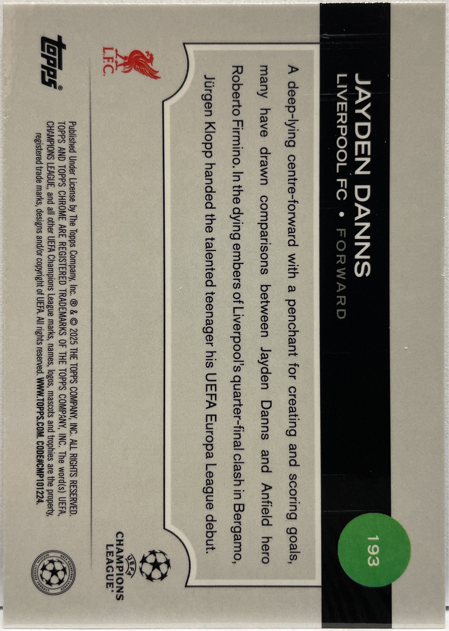 Jayden Danns 13/199 Rookie Aqua Lava Topps Chrome UCC 2024/25