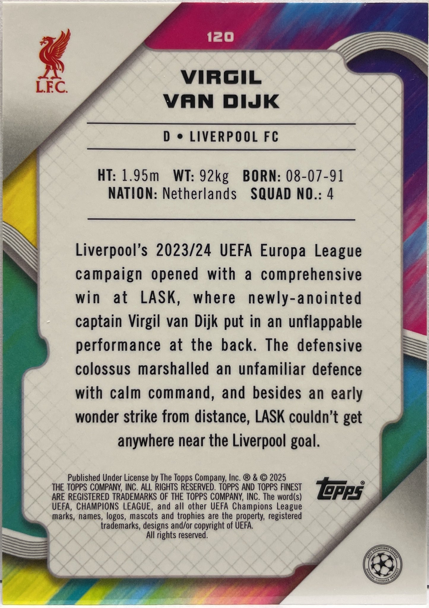 Virgil Van Dijk 17/125 Pink Prism Topps Finest UCC 2024/25