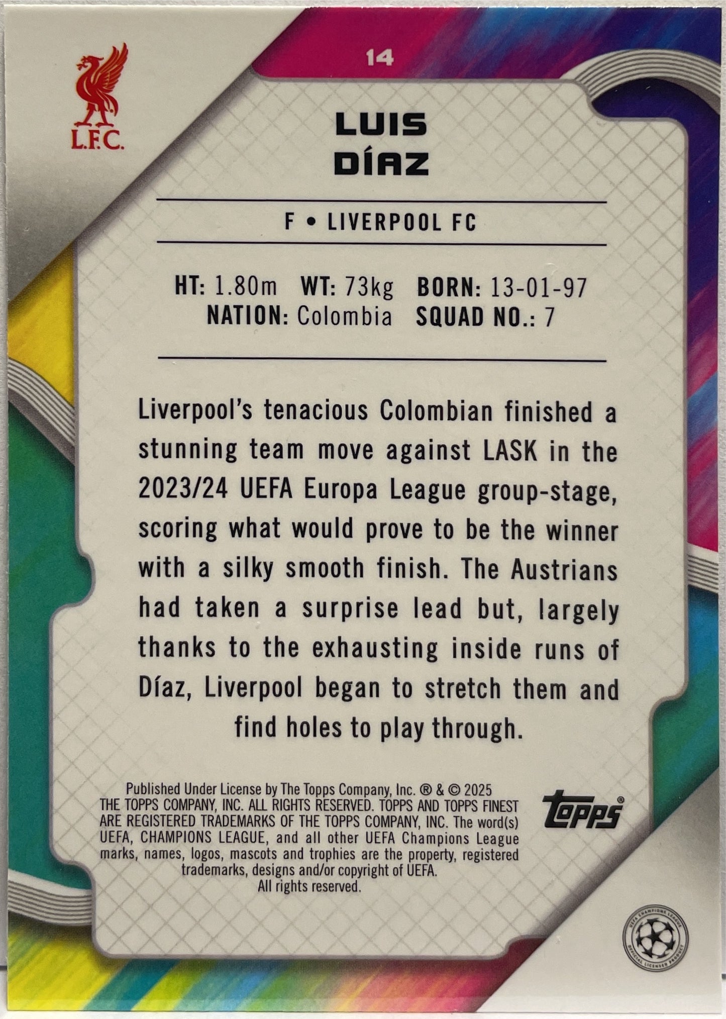 Luis Diaz 89/99 Green Topps Finest UCC 2024/25