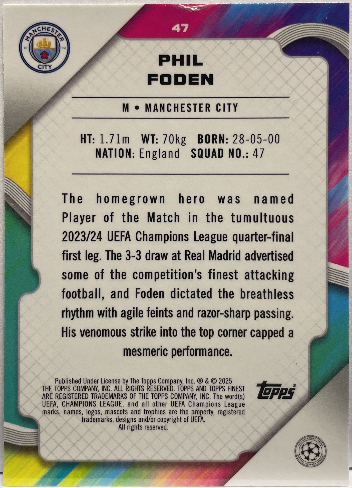 Phil Foden 109/150 Blue Lava Topps Finest UCC 2024/25