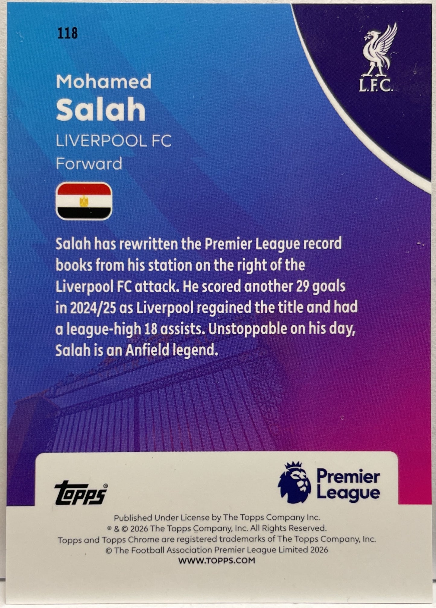 Mohamed Salah 105/150 Blue Wave Topps Chrome Premier League EPL 2026