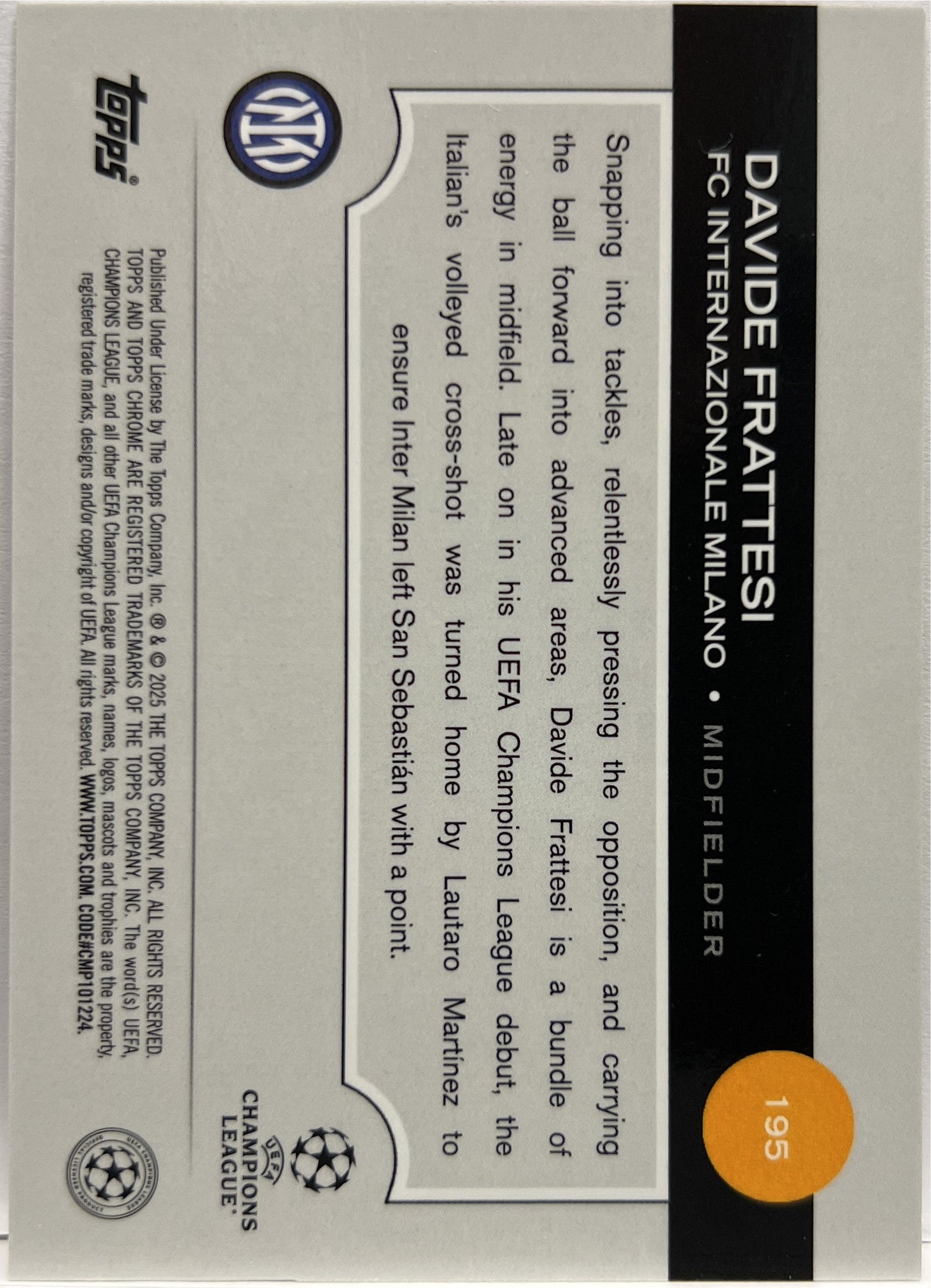 Davide Frattesi 4/25 Orange Lava Topps Chrome UCC 2024/25