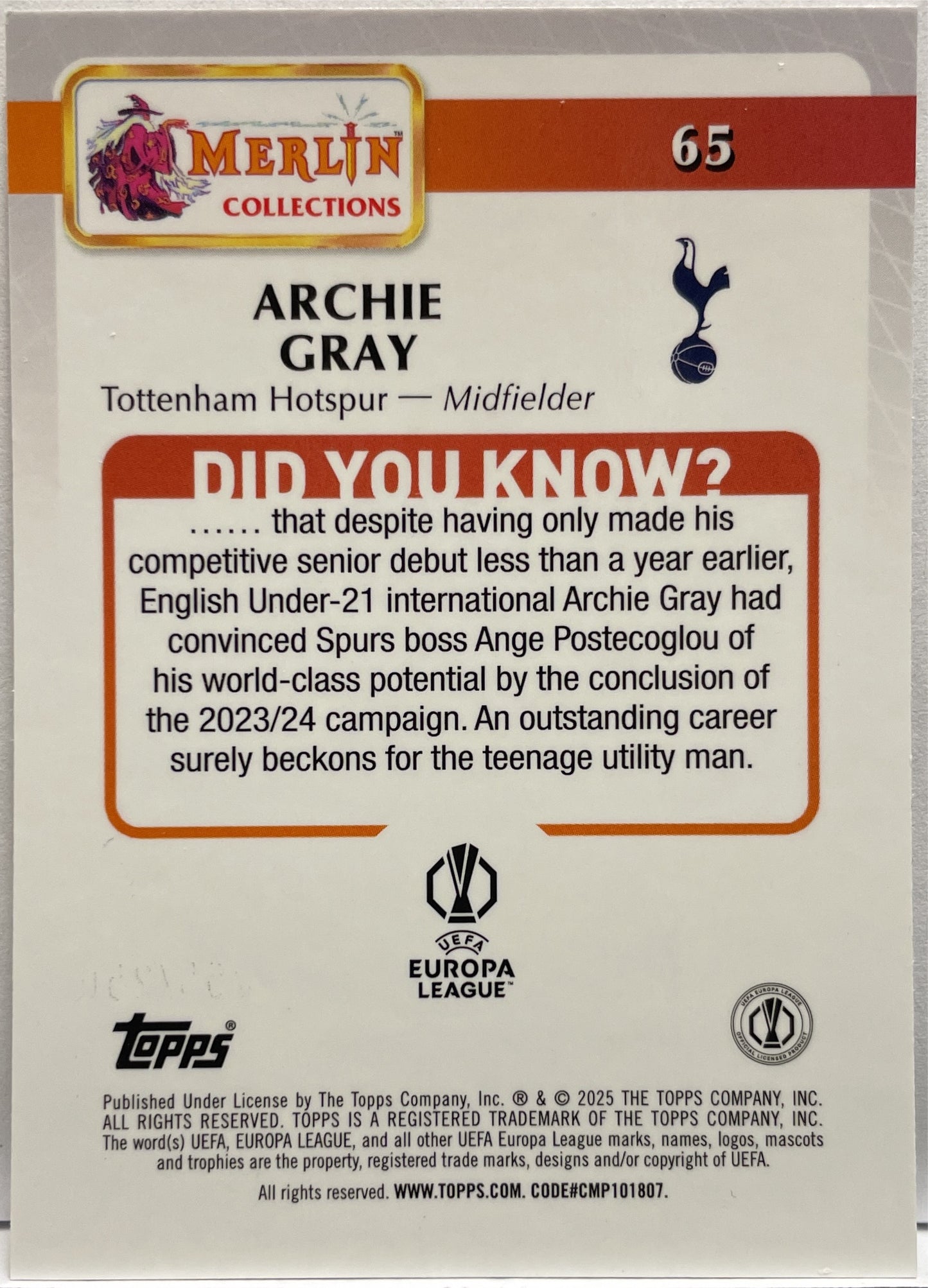 Archie Gray 65/250 Rookie Rose Gold Speckle Topps Merlin UCC 2024/25