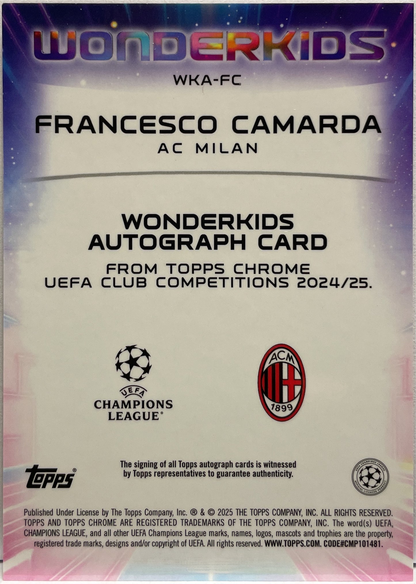 Francesco Camarda 35/50 Autograph Wonderkids Gold Topps Chrome UCC 2024/25