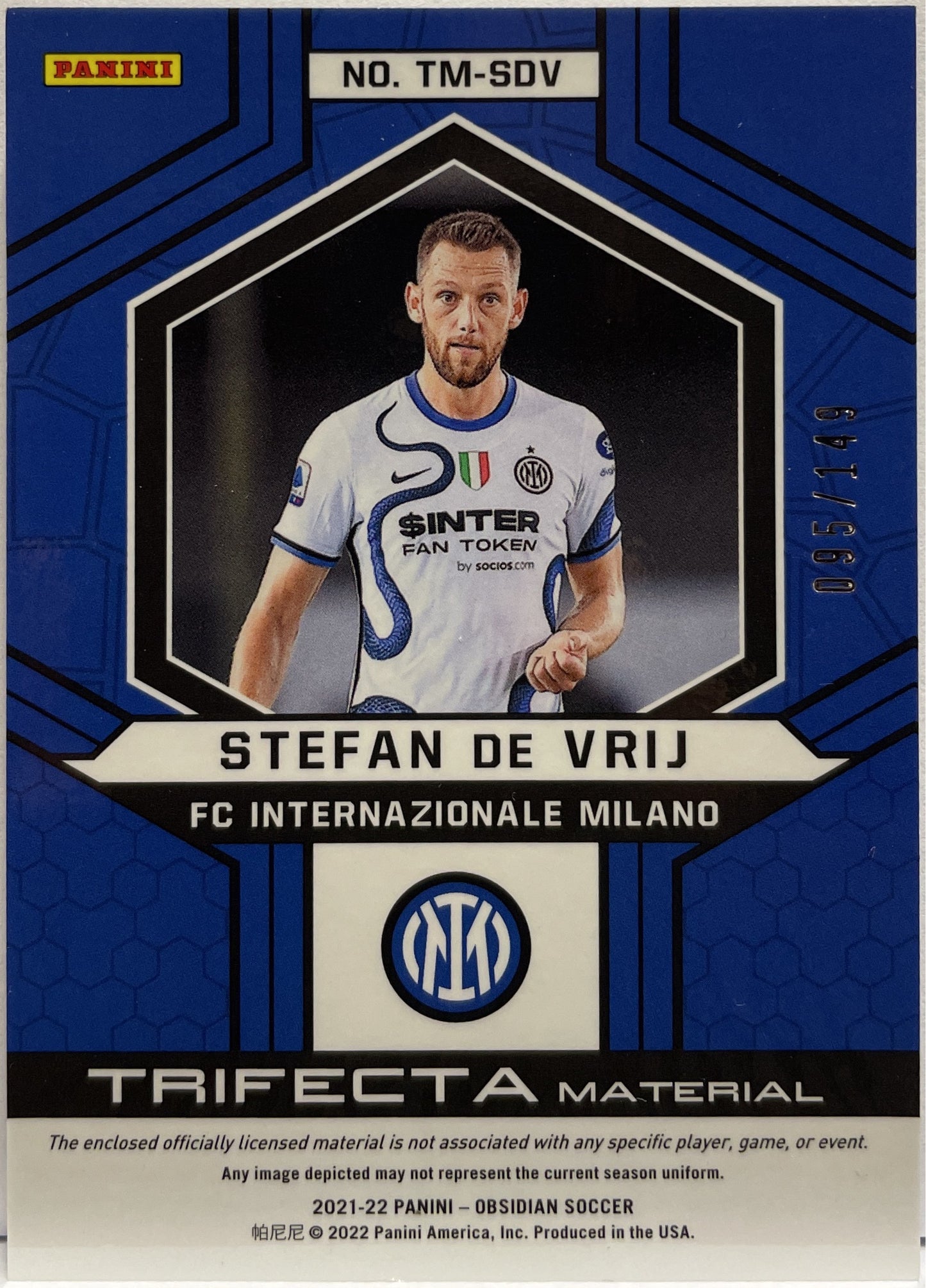 Stefan De Vrij 95/149 Patch Trifecta Material Panini Obsidian 2021/22