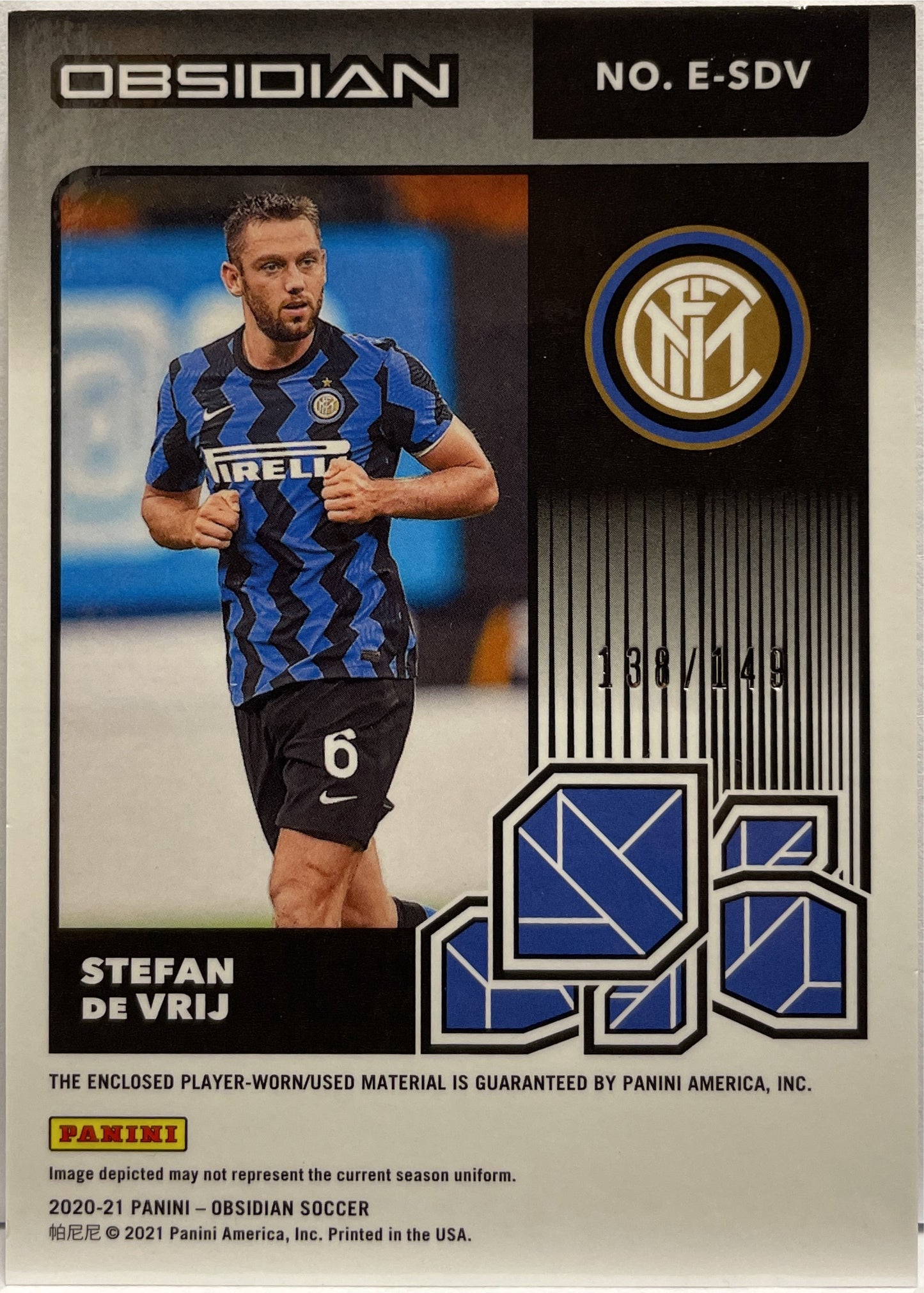 Stefan De Vrij 138/149 Patch Worn Eruption Panini Obsidian 2020/21
