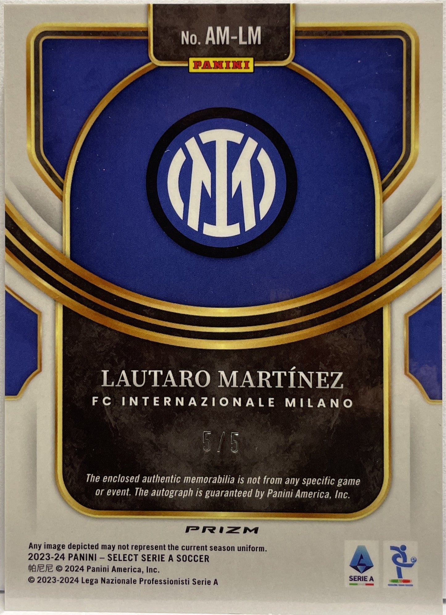 Lautaro Martinez 5/5 Patch Autograph Memorabilia Panini Select Serie A 2023/24