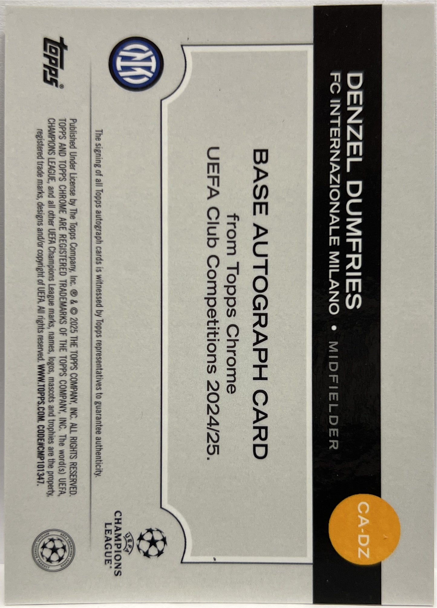 Denzel Dumfries 19/75 Autograph Magenta Lava Topps Chrome UCC 2024/25