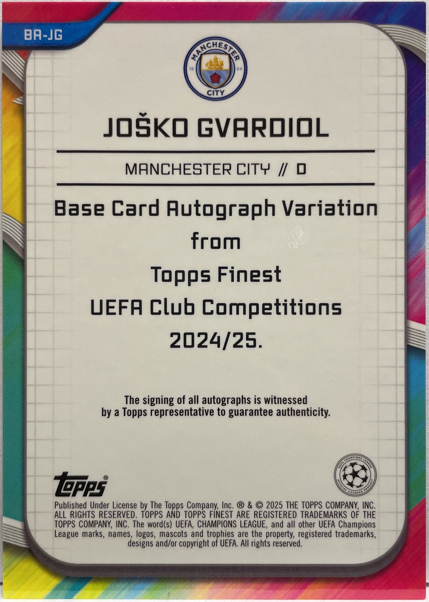 Josko Gvardiol 100/125 Autograph Pink Prizm Topps Finest UCC 2024/25
