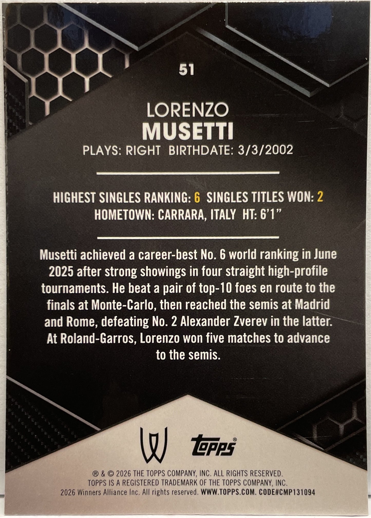 Lorenzo Musetti 46/99 Purple Topps Tennis Graphite 2026
