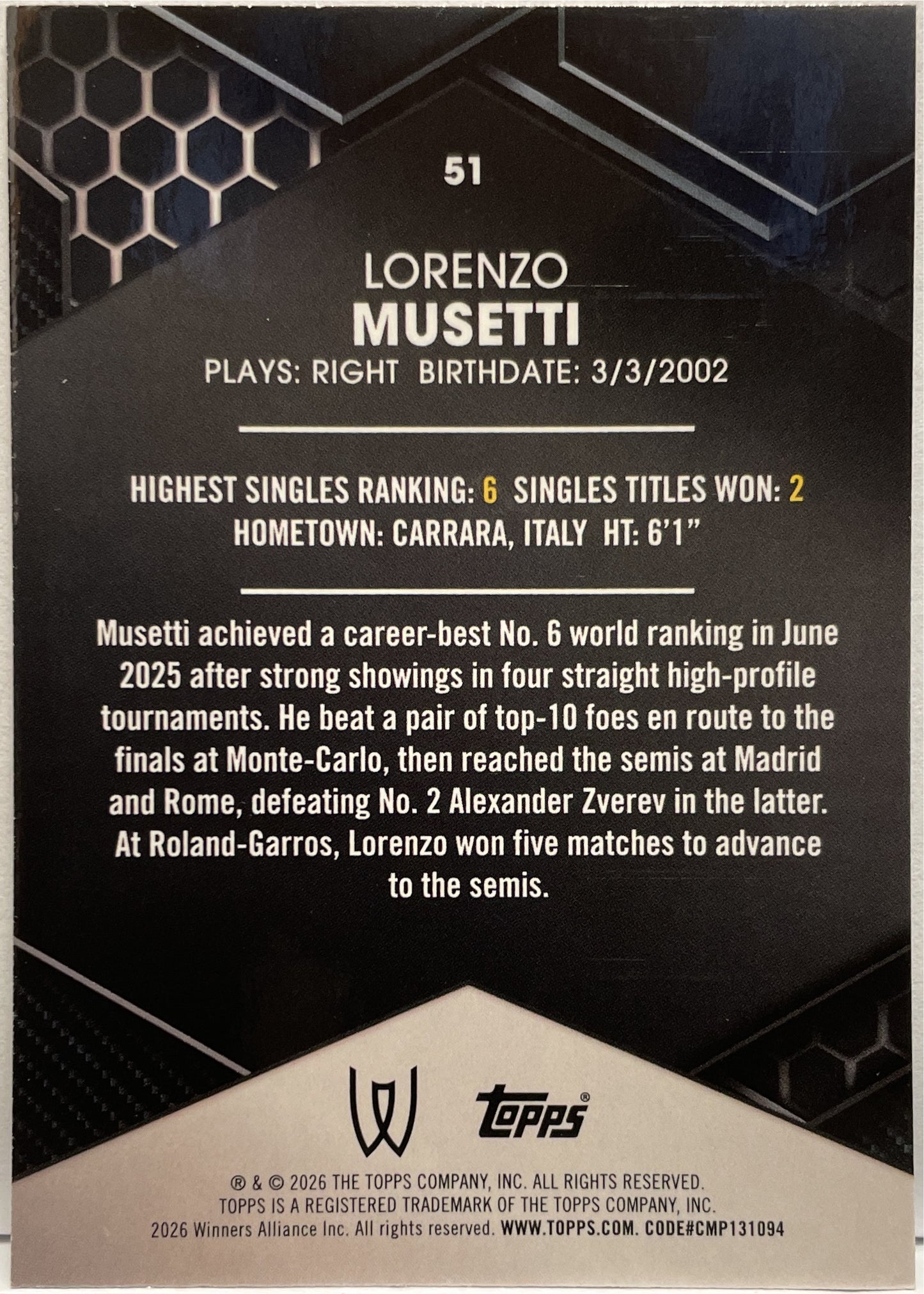Lorenzo Musetti 67/99 Purple Topps Tennis Graphite 2026