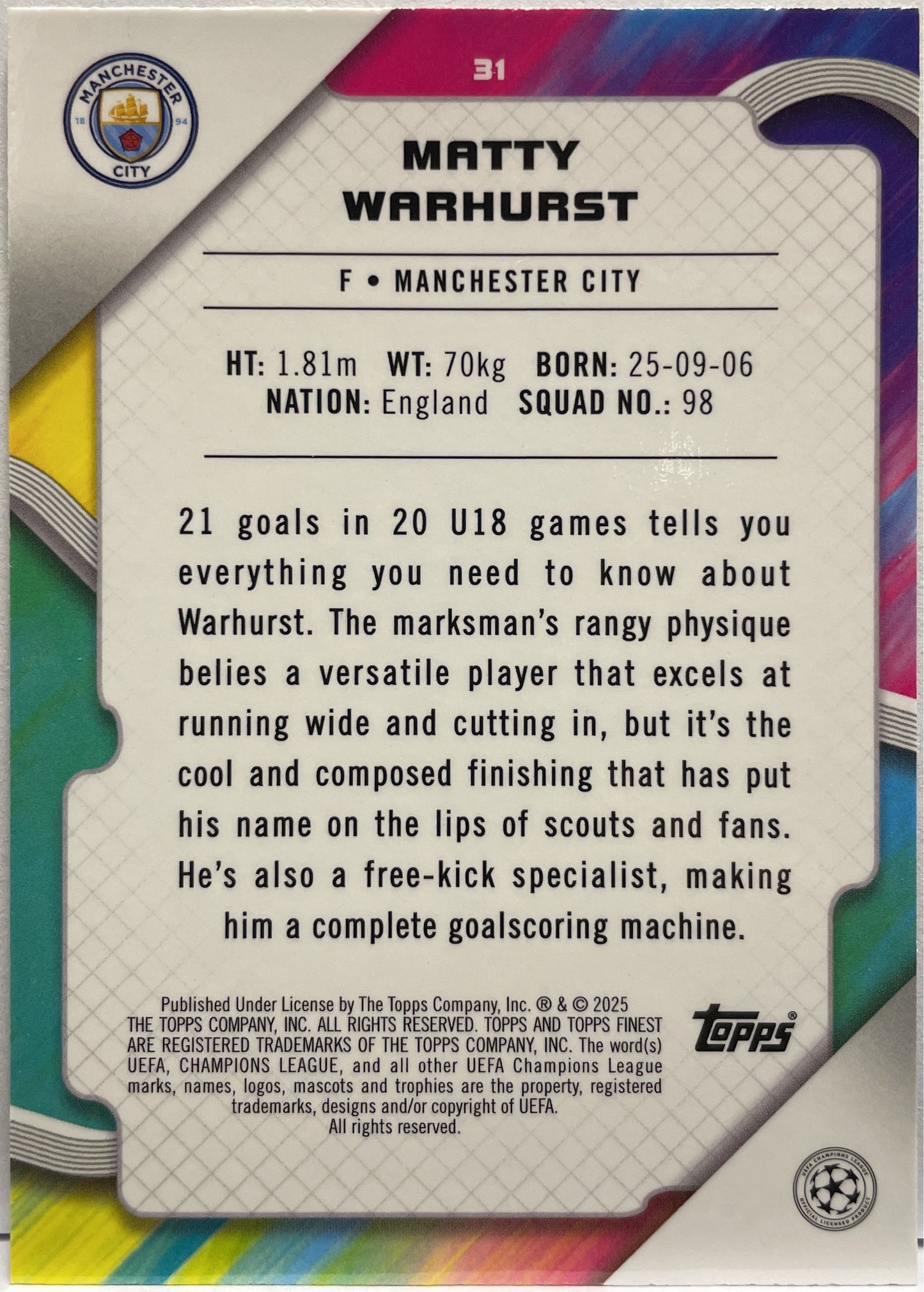 Matty Warhurst 63/150 Rookie Blue Lava Topps Finest UCC 2024/25