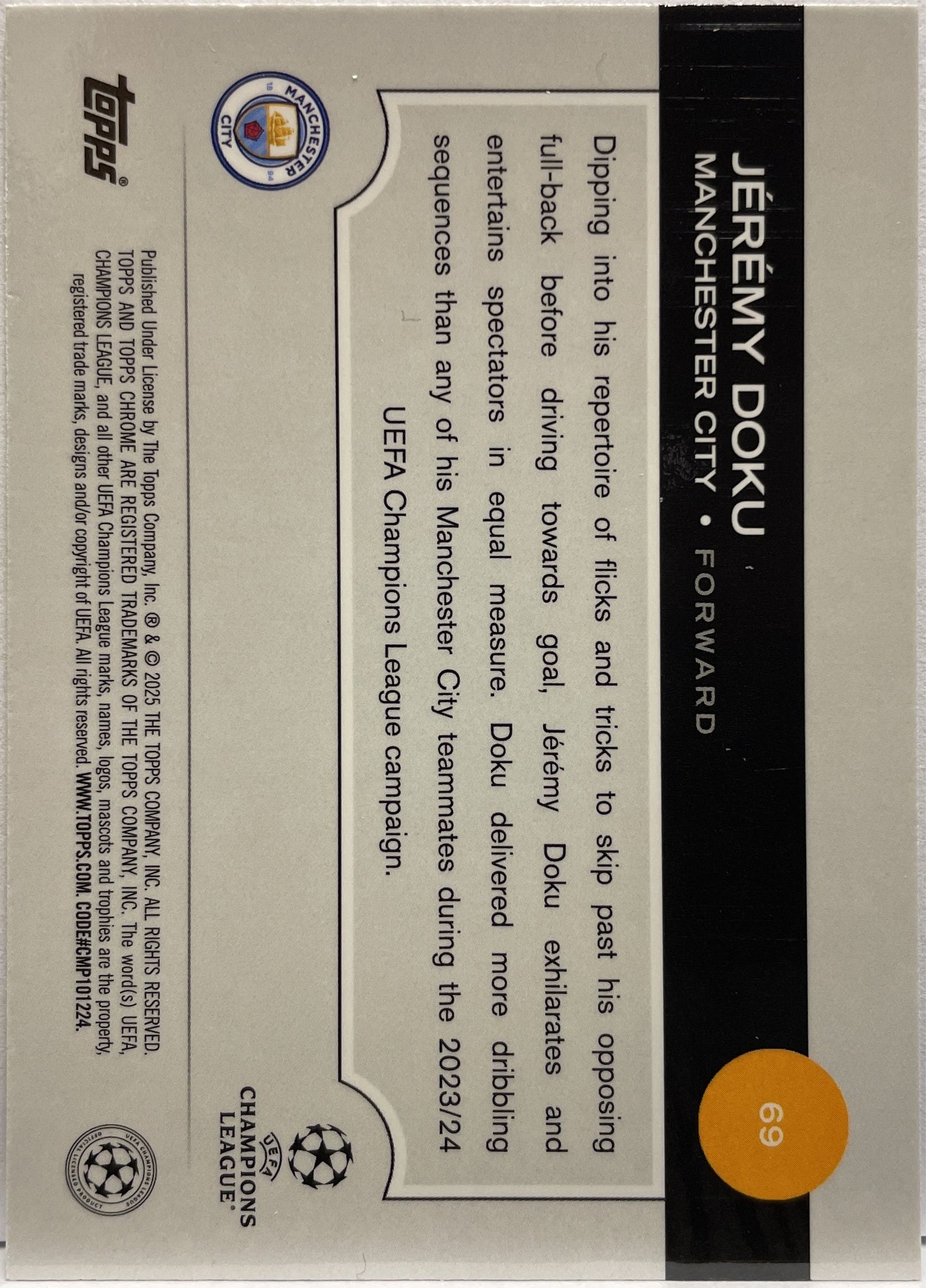 Jeremy Doku 5/150 Blue Topps Chrome UCC 2024/25