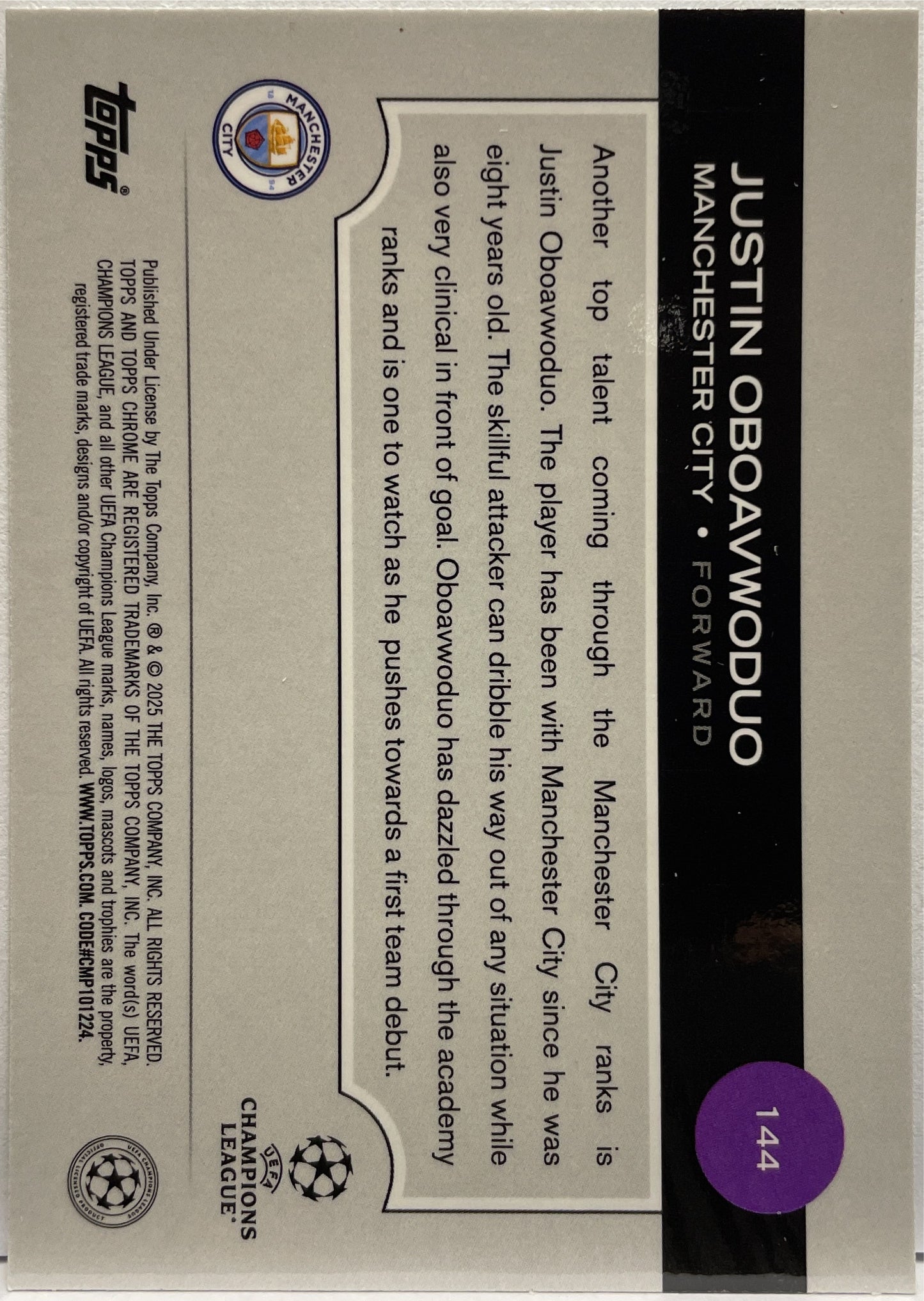 Justin Oboavwoduo 176/199 Rookie Aqua Topps Chrome UCC 2024/25