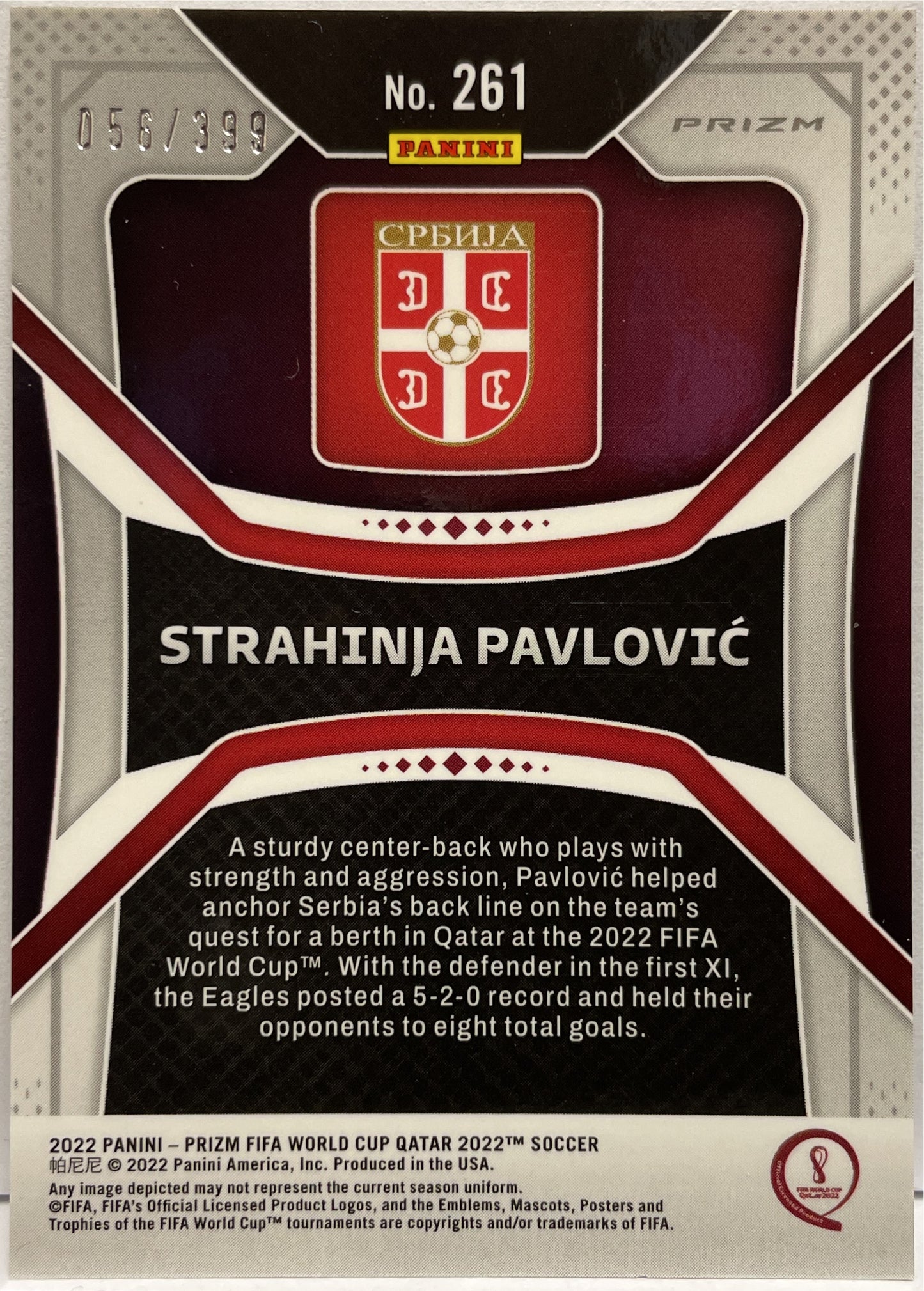 Strahinja Pavlovic 56/399 Rookie Red Panini Prizm Fifa World Cup Qatar 2022