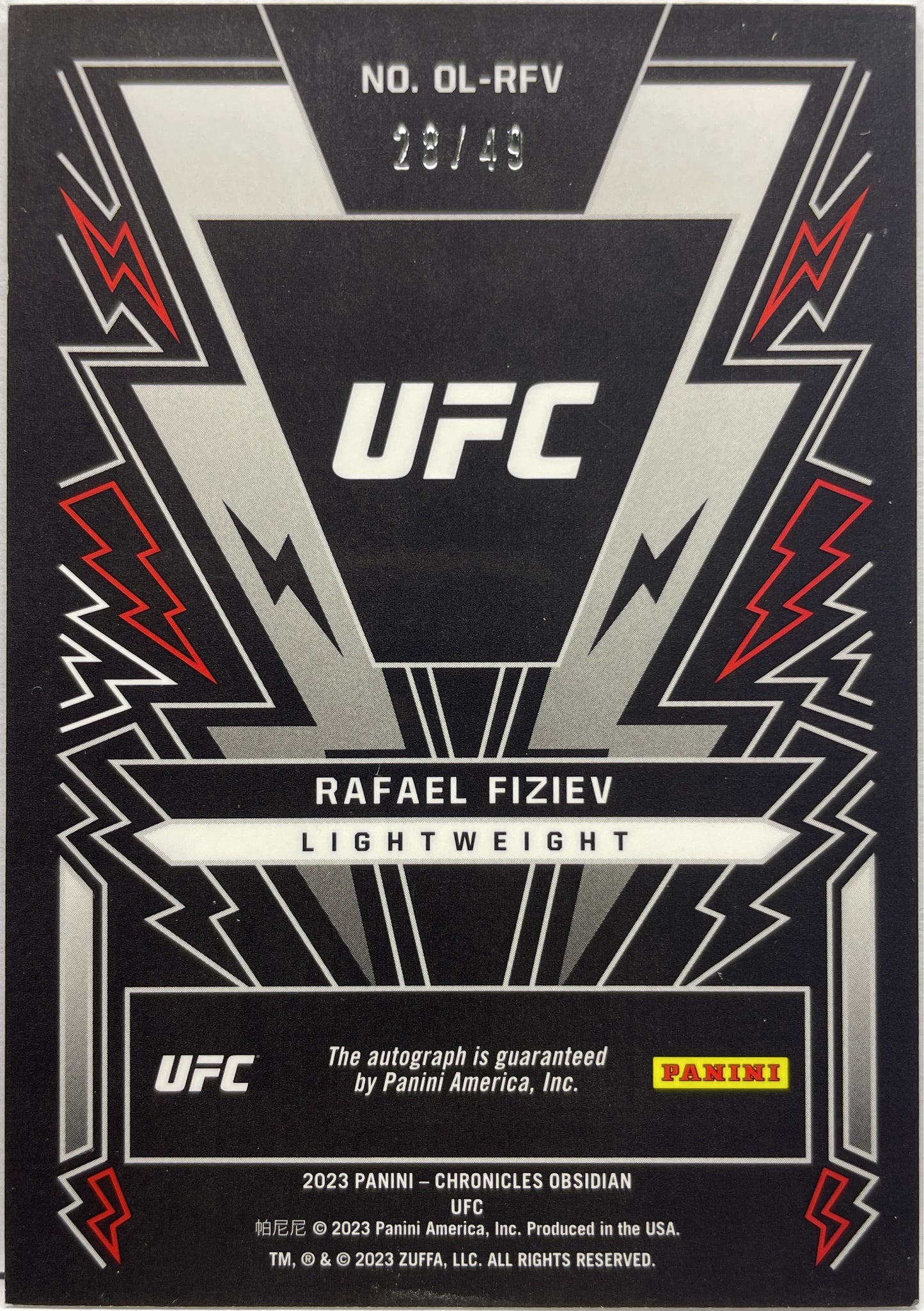 Rafael Fiziev 28/49 Autograph Lightning Strike Obsidian Blue Chronicles UFC 2023